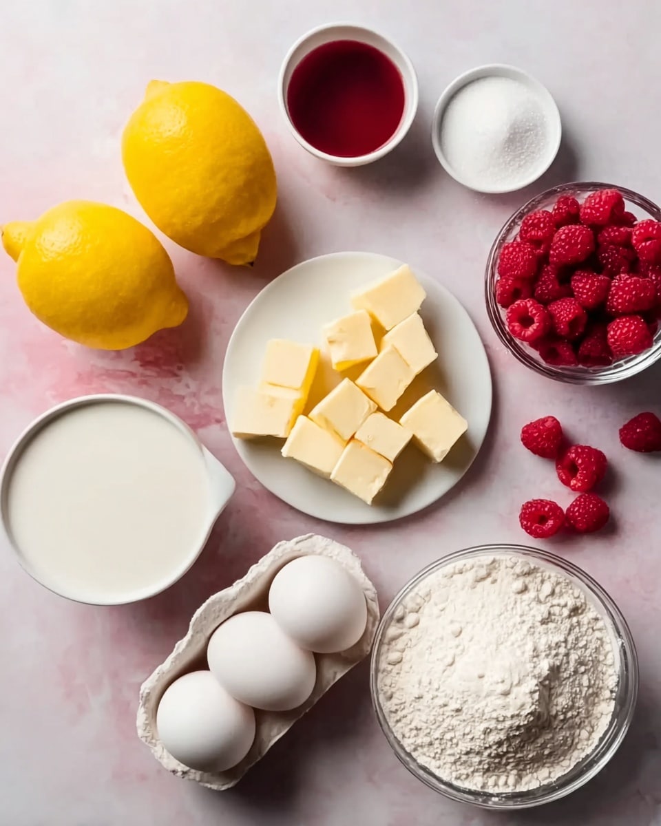 The image shows a collection of baking ingredients spread on a white marbled surface. There are three whole bright yellow lemons placed to the left side. Near the top center, a small white bowl holds dark red liquid, and next to it, a tiny white bowl contains white granulated sugar. A white bowl filled with white milk is placed in the middle. Below it, there is a white plate holding small cubes of light yellow butter. To the bottom left, a white egg tray holds three white eggs. At the bottom right, a white bowl is filled with white flour. A small glass bowl filled with frozen red raspberries is located near the bottom left of the milk bowl. Four fresh red raspberries are scattered near the top right. The whole scene has soft lighting. Photo taken with an iphone --ar 4:5 --v 7