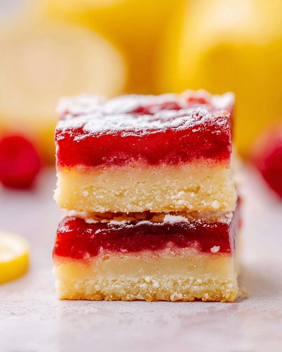 The image shows two stacked square dessert bars with two visible layers. The bottom layer is thick, pale yellow, and crumbly, resembling a shortbread crust. The top layer is bright red and glossy with a slightly uneven texture, looking like a strawberry or raspberry jam. The top edges are dusted with a light layer of white powdered sugar. The dessert is placed on a light surface with some blurred lemon slices and berries in the background. Photo taken with an iphone --ar 4:5 --v 7