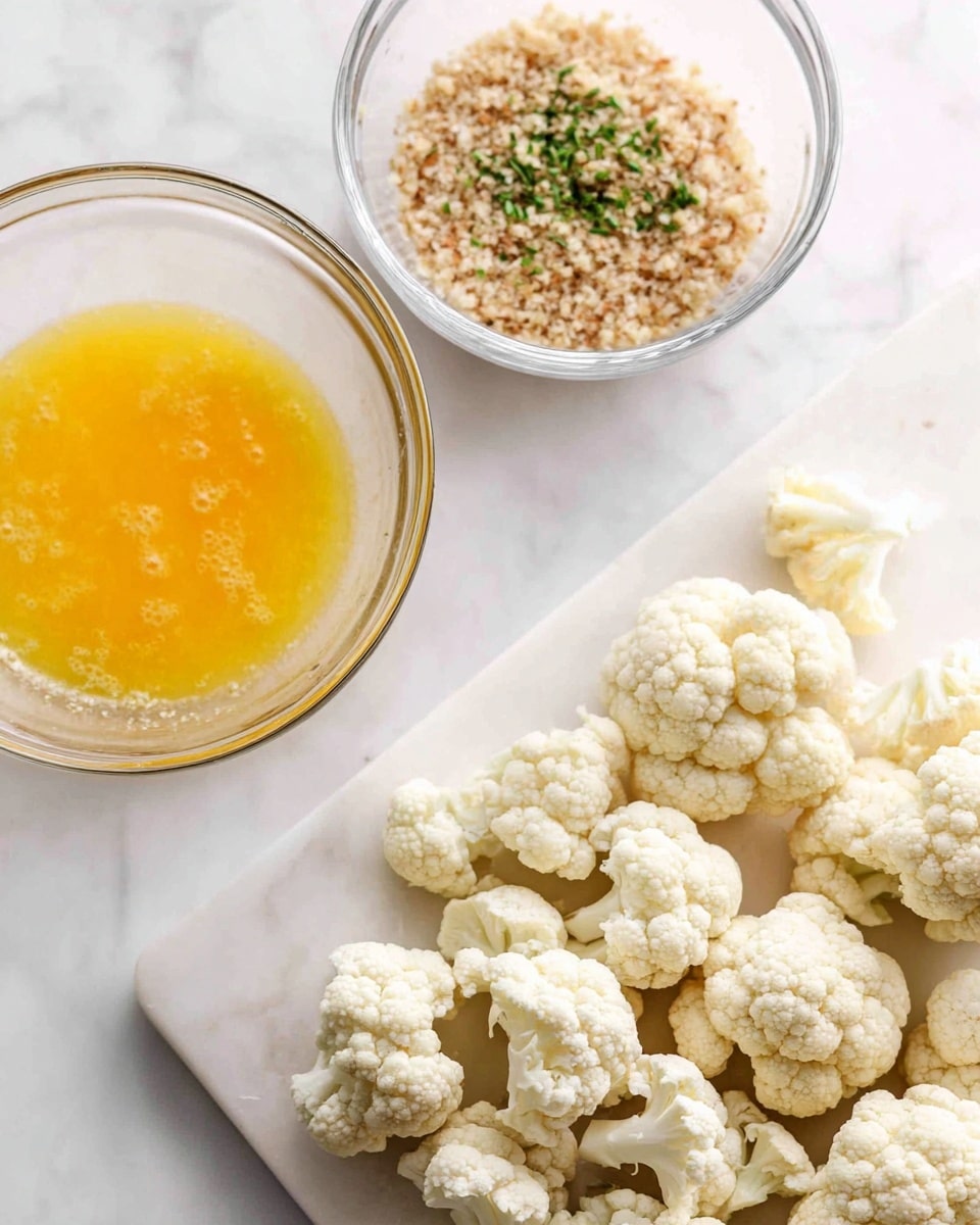 The image shows cauliflower pieces spread out on a white cutting board placed on a white marbled surface. To the left, there are two clear glass bowls, one in the foreground holding a beaten yellow egg mixture with a slightly foamy texture on top, and another behind it containing light brown breadcrumbs mixed with some small green herb pieces. The cauliflower pieces are off-white with a textured surface, and the whole setup is bright with natural light. photo taken with an iphone --ar 4:5 --v 7
