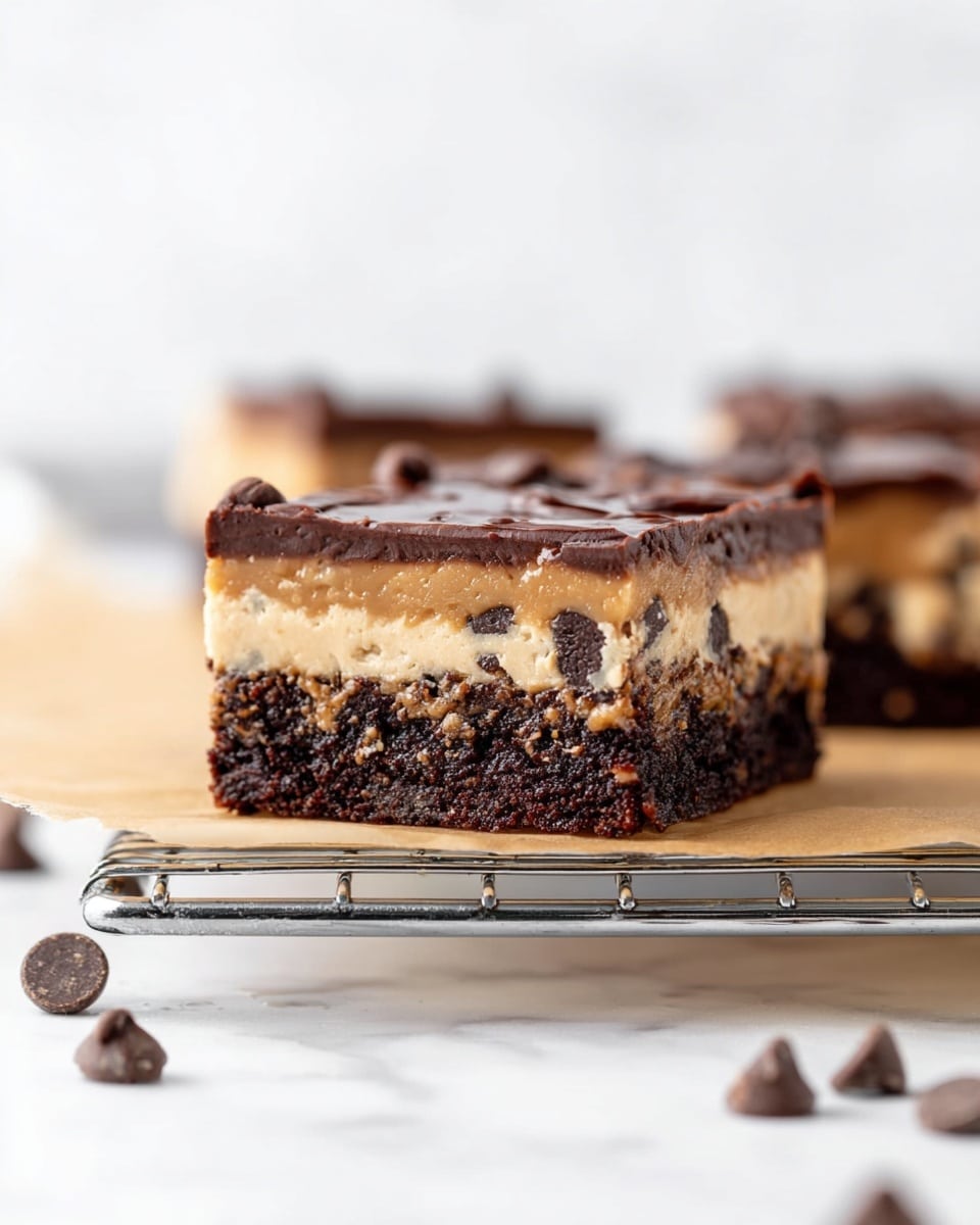 The image shows a square dessert bar with three clear layers, placed on a wire rack over light brown parchment paper, all set on a white marbled surface. The bottom layer is thick and dense, dark brown with a textured, fudgy look like a brownie. The middle layer is creamy beige with small dark chocolate chips mixed throughout, giving it a cookie dough appearance. The top layer is a smooth, dark chocolate glaze, thinly spread and glossy. Some chocolate chips are scattered softly around the base. The background is softly blurred white, making the dessert the clear focus. Photo taken with an iphone --ar 4:5 --v 7