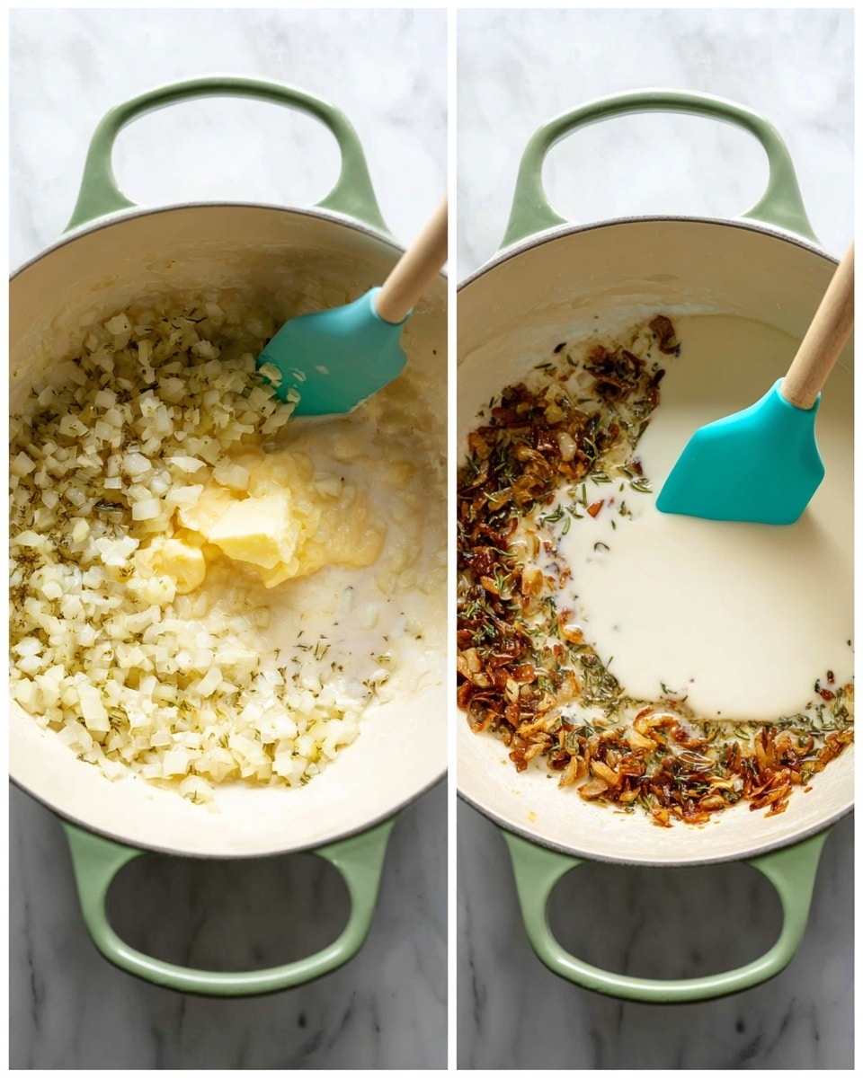 Two images side by side show the cooking process in a white pot with green handles on a white marbled surface. The left image shows a layer of small, pale yellow chopped onions mixed with a melting light yellow butter chunk in the center, being stirred by a turquoise spatula. The right image shows a new creamy off-white liquid being poured over a layer of browned, slightly crispy onions and small herbs at the bottom of the pot, with the turquoise spatula resting on the pot edge. Both images focus on the pot's inside contents and the cooking action. Photo taken with an iphone --ar 4:5 --v 7