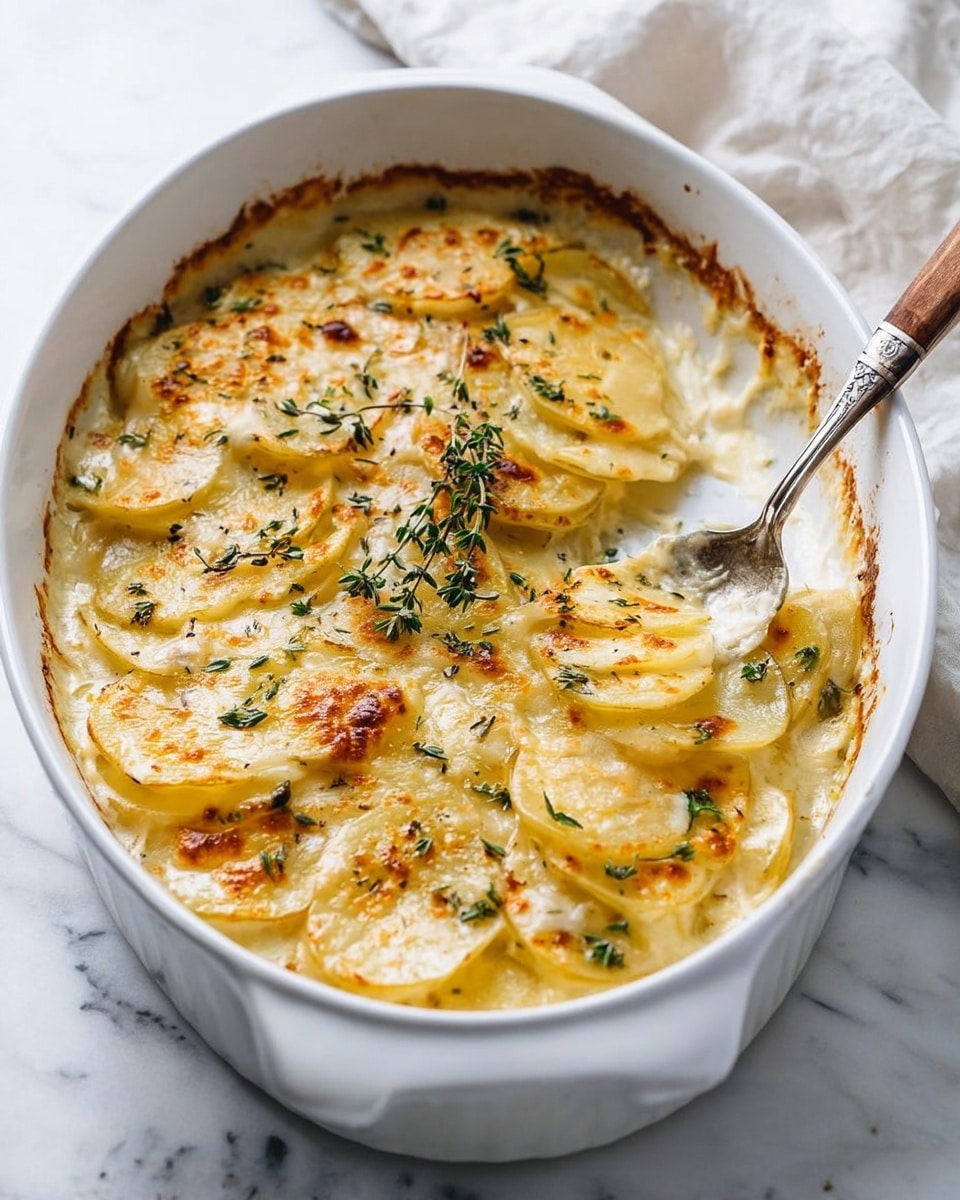 A white ceramic baking dish filled with thin, round potato slices arranged in overlapping layers. The top layer is golden and slightly browned, with a creamy texture and some melted cheese visible. Small green herb pieces and a sprig of thyme are scattered over the top, adding color contrast. A silver spoon with a wooden handle rests in the dish, touching the creamy potato surface. The dish is placed on a white marbled surface with a soft, white cloth in the background, creating a clean and cozy atmosphere. photo taken with an iphone --ar 4:5 --v 7
