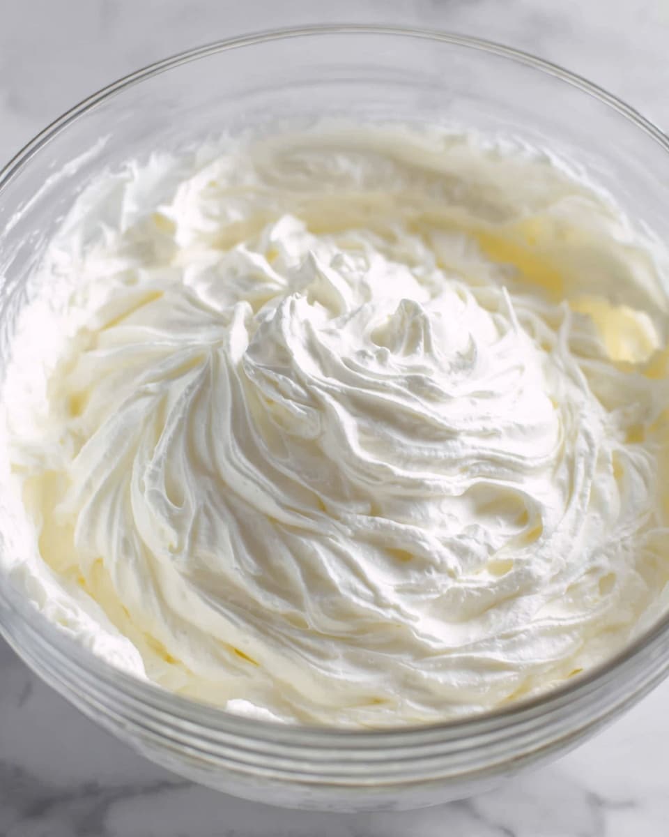 A close-up view of a clear glass bowl filled with fluffy, white whipped cream. The whipped cream has soft, creamy peaks and swirls spread evenly throughout the bowl, showing a light and airy texture. The bowl is placed on a white marbled surface that softly reflects the bowl’s edges. The whipped cream looks smooth with delicate, wavy patterns on top, showing a fresh and creamy consistency. photo taken with an iphone --ar 4:5 --v 7