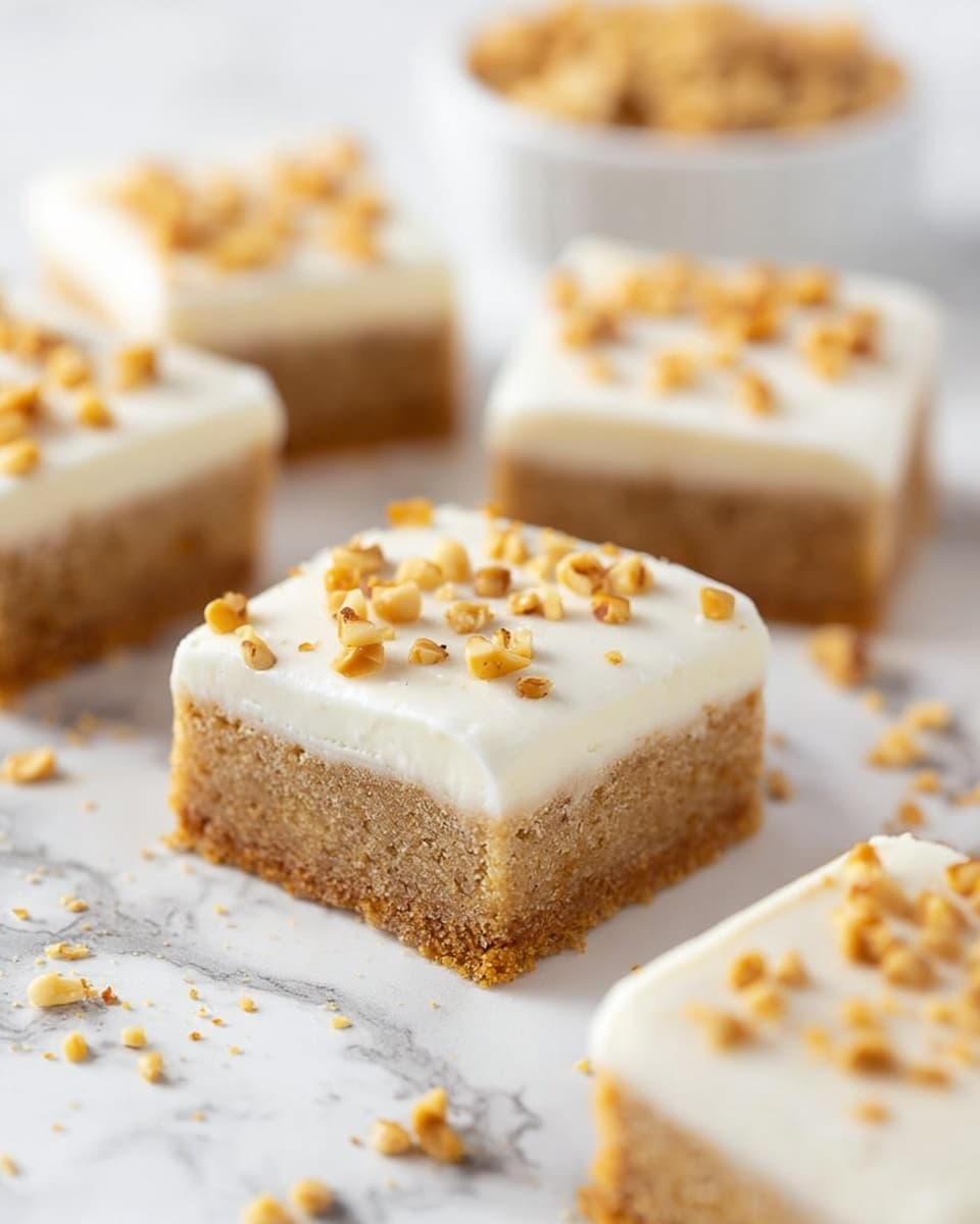The image shows several square dessert bars placed on a white marbled surface. Each bar has two distinct layers: a dense, light brown base that looks soft and crumbly, topped with a smooth, thick white layer of frosting. On top of the frosting, small light golden brown nut pieces are scattered evenly. The bars are arranged with slight gaps between them, and some nut pieces are also scattered on the surface around the bars. In the background, there is a blurred small white bowl filled with the same nut pieces. The photo has a clean and bright look, taken with an iphone --ar 4:5 --v 7
