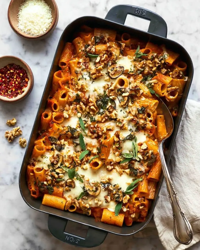 Pumpkin Tomato Pasta Bake with Walnuts and Sage Recipe