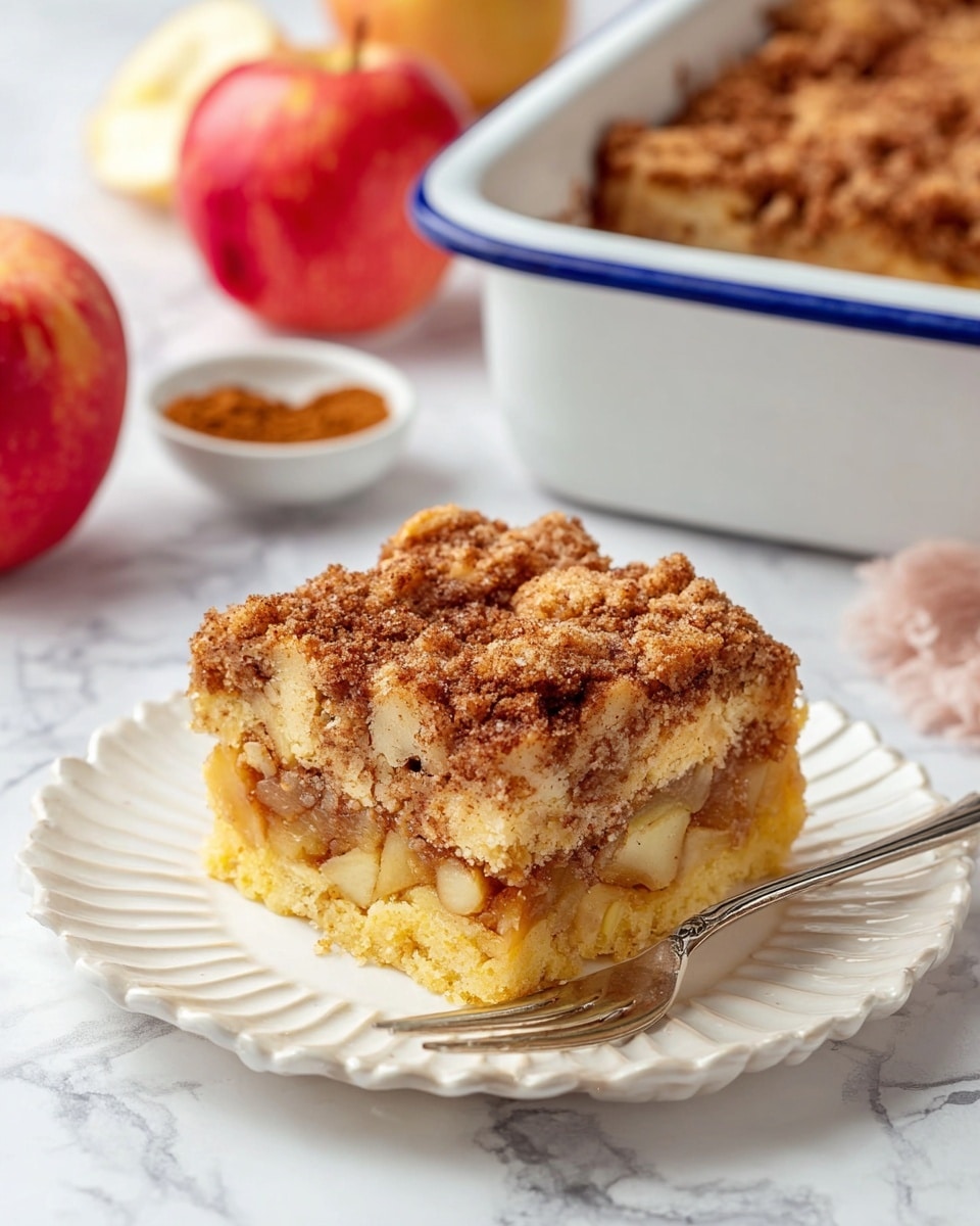 A square piece of apple crumb cake sits on a white scalloped plate on a white marbled surface. The cake has three visible layers: the bottom layer is a light yellow dense cake with chunks of baked apple visible inside; the middle is softer and moist with more apple pieces; the top layer is a thick, crumbly brown streusel with a crunchy texture. A silver fork rests on the edge of the plate. In the background, there is a white baking dish with blue trim partially filled with more apple crumb cake, two red apples, and a small white bowl of cinnamon powder, all on the white marbled surface. Photo taken with an iphone --ar 4:5 --v 7