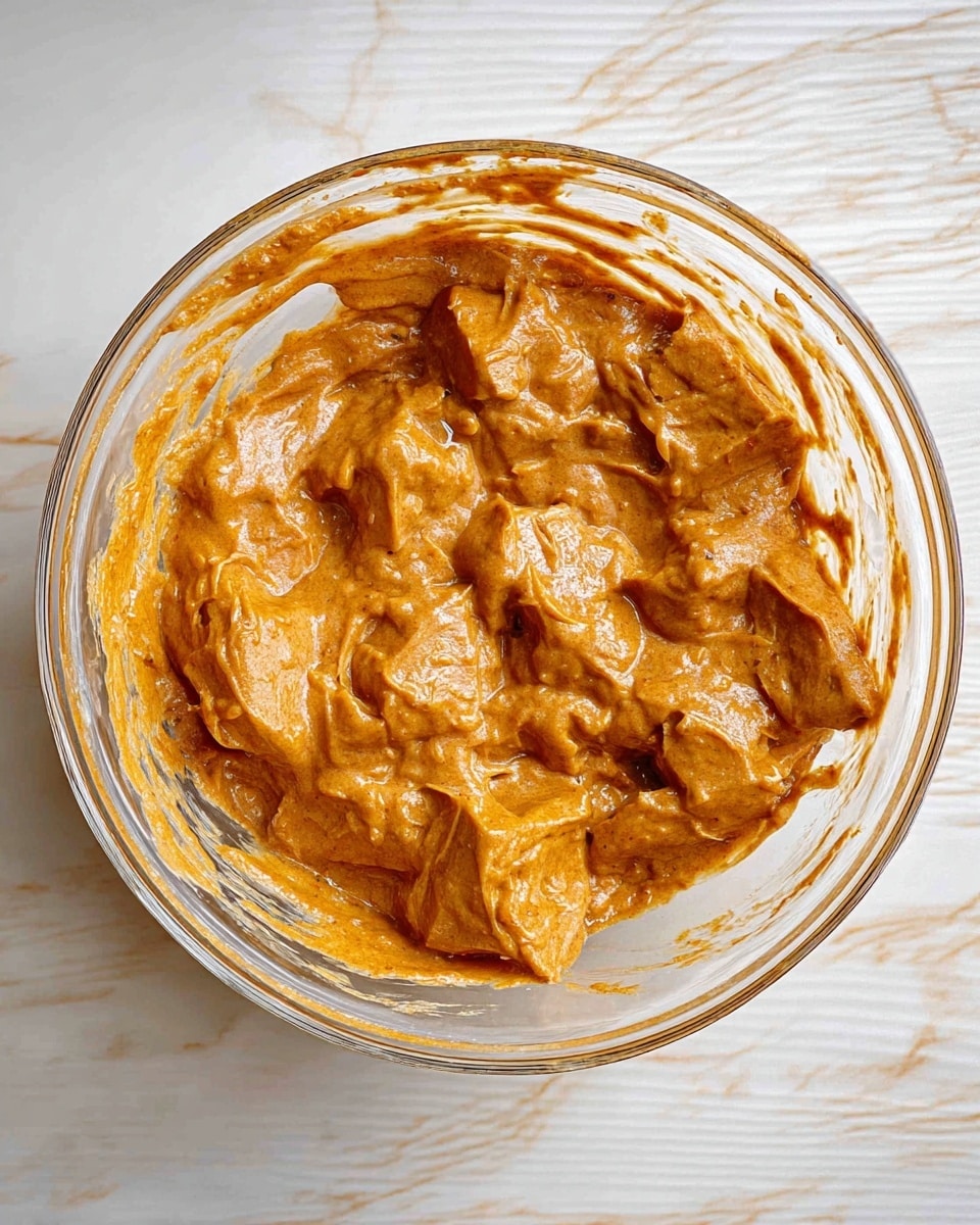 A clear glass bowl holds a thick orange-brown mixture coated evenly on medium-sized chunk pieces, with a creamy and slightly textured surface that looks richly spiced. The bowl sits on a white marbled surface, with some sauce spread around the sides inside the bowl, showing the mixing process. The mixture has a dense and smooth appearance with visible folds and creases where the sauce covers the chunks. photo taken with an iphone --ar 4:5 --v 7