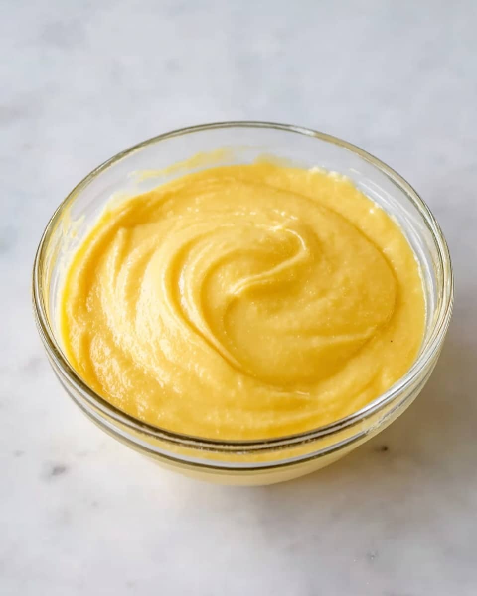 A clear glass bowl filled with a smooth, thick, yellow mixture, with soft swirls and a creamy texture visible on the surface. The bowl is set on a white marbled surface, with bright, even lighting highlighting the glossy, slightly thick consistency of the mixture. Photo taken with an iphone --ar 4:5 --v 7