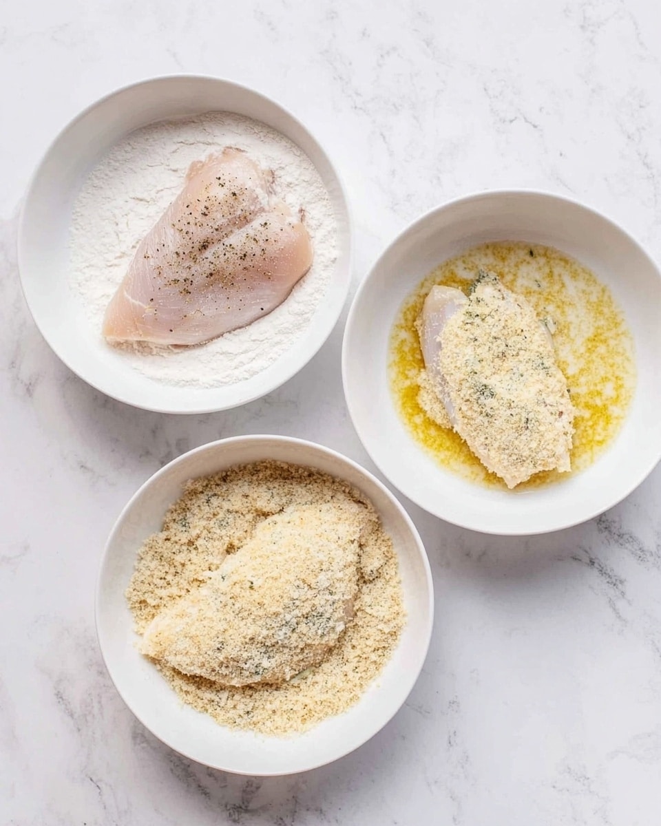 There are three white bowls placed on a white marbled surface. The top left bowl has a flat piece of raw chicken with some black pepper on top, lying on a layer of white flour. The top right bowl contains a mixture that looks light yellow with herbs in an egg wash, with a piece of chicken partially dipped in it. The bottom bowl is filled with coarse, light beige breadcrumbs, and a piece of chicken is fully covered in the breadcrumbs, resting on top. The bowls are clean and simple, showing the stages of coating chicken for frying or baking. Photo taken with an iphone --ar 4:5 --v 7