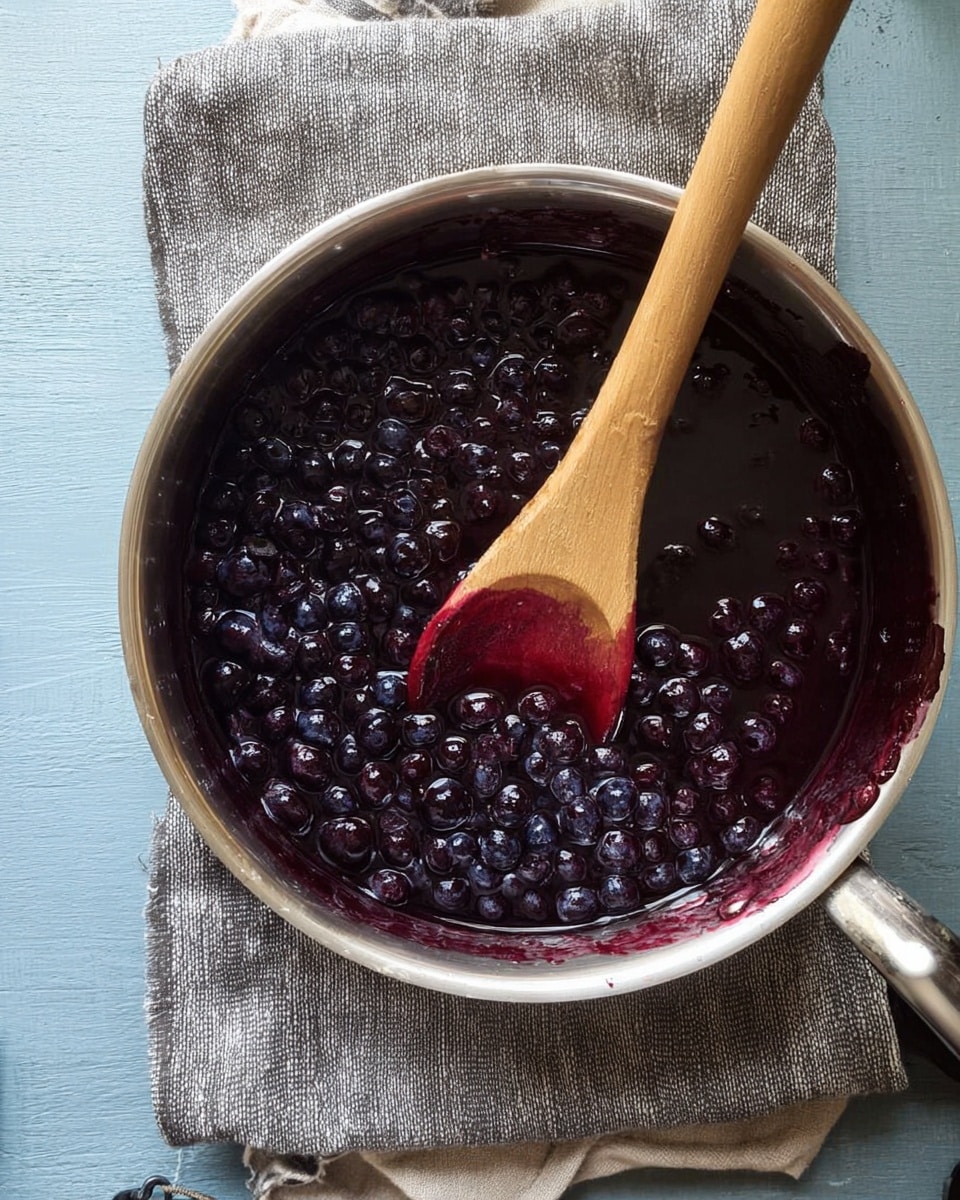 A top view of a silver pot on a gray textured cloth with a wooden spoon inside, resting in dark purple thick blueberry mixture with whole blueberries visible, the mixture has a glossy and slightly bubbly texture, on a light blue surface. Photo taken with an iphone --ar 4:5 --v 7