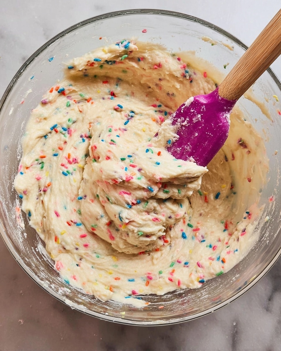 A clear glass bowl contains thick, pale cream-colored batter with colorful small round sprinkles spread evenly throughout. The batter has a smooth and slightly glossy texture, with soft peaks and folds. A wooden spatula with a purple silicone tip coated in batter is resting in the bowl. The bowl is placed on a white marbled surface. photo taken with an iphone --ar 4:5 --v 7
