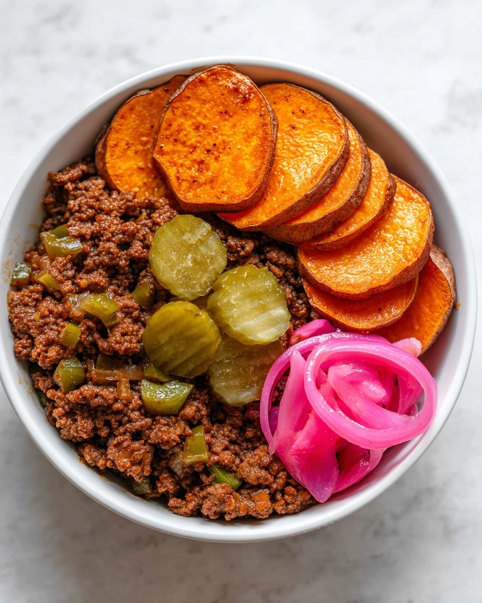 A white bowl on a white marbled background holds three main layers: on the left side, there is a large serving of cooked ground beef mixed with small pieces of green bell pepper and onions, showing a rich brown color and a moist texture; to the right, there is a neat row of bright orange roasted sweet potato slices with slightly browned edges and skins; in the center on top, there are several green pickle slices and a few bright pink pickled onion rings adding a pop of color. Photo taken with an iphone --ar 4:5 --v 7