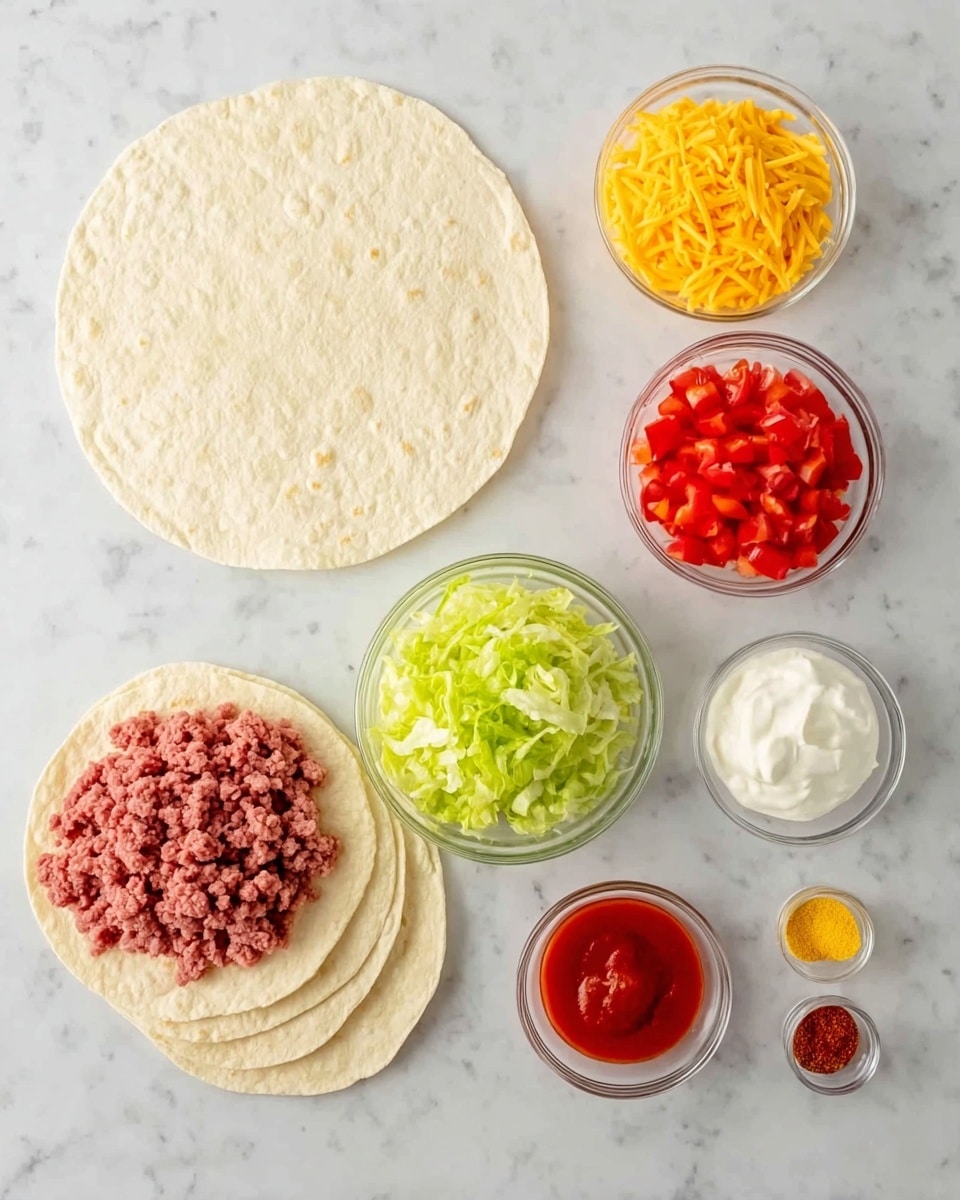 The image shows several food ingredients arranged neatly on a white marbled surface. On the left, there is a single large white tortilla, and on the right, there are three smaller white corn tortillas stacked. In small clear glass bowls from top to bottom are bright red raw ground meat, light green shredded lettuce, finely grated yellow cheese, small diced red tomatoes, sour cream, shredded orange cheese, and a small amount of red chili powder in the smallest bowl. All items are evenly spaced and the colors stand out clearly against the white marbled background. photo taken with an iphone --ar 4:5 --v 7