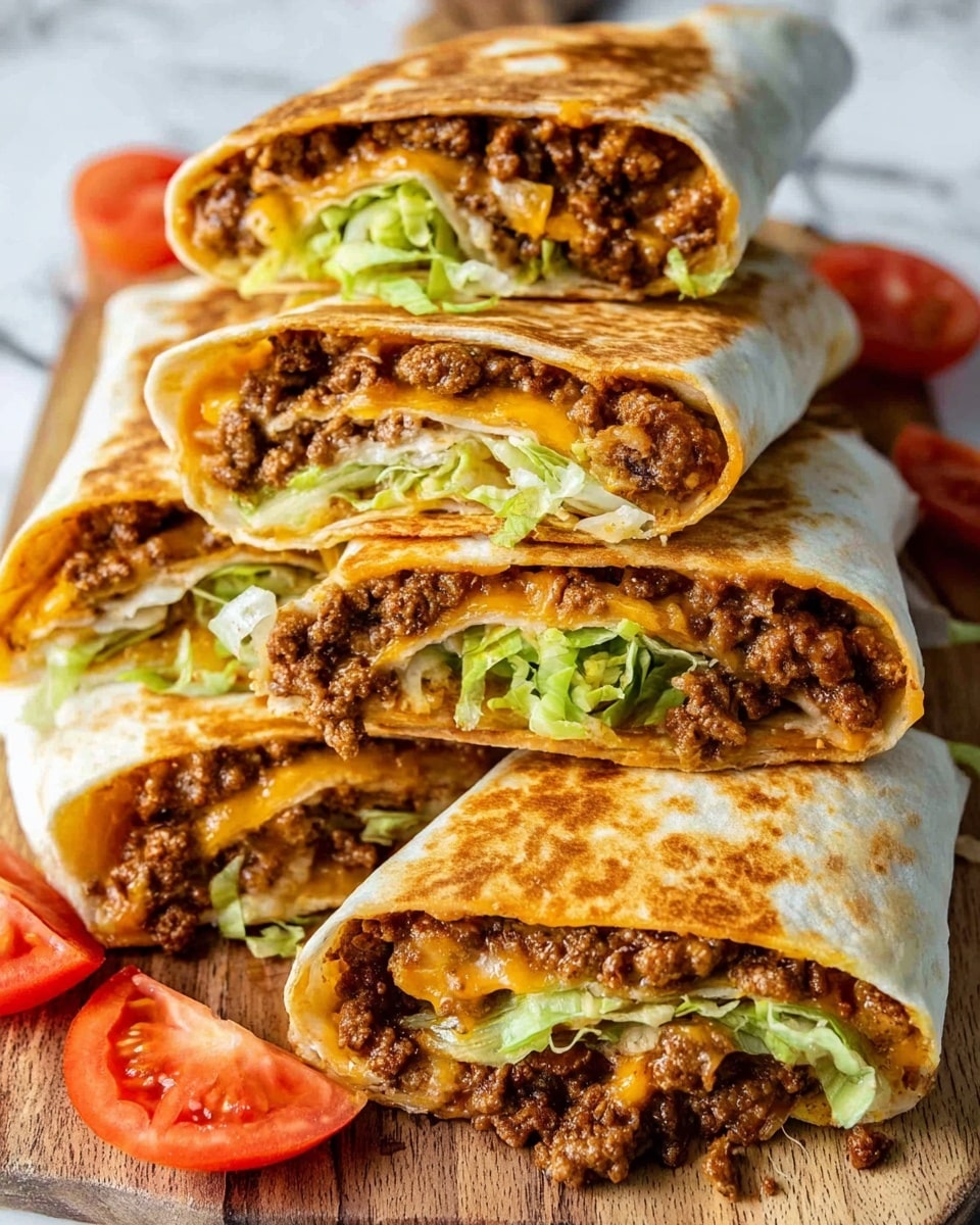The image shows several folded wraps cut in half, layered with seasoned cooked ground meat on top, a middle layer of orange melted cheese, and a bottom layer of shredded green lettuce, all wrapped inside lightly browned tortillas. The wraps are arranged on a wooden board with bits of lettuce and tomato wedges scattered around, set on a white marbled surface. The texture of the meat is crumbly, and the cheese looks soft and melty while the lettuce adds a fresh crisp contrast. Photo taken with an iphone --ar 4:5 --v 7