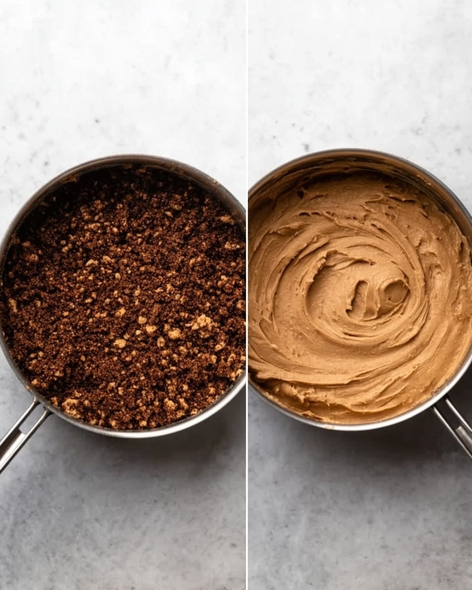 The image shows two metal pans on a white marbled surface. The left pan contains a dark brown, crumbly mixture with small lighter pieces spread evenly across the pan. The texture is rough and dry. The right pan holds a smooth, light brown paste with creamy swirls on top, looking soft and thick. Both pans have metal handles pointing to the right. Photo taken with an iphone --ar 4:5 --v 7