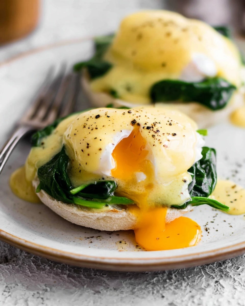 Two eggs Benedict sit on a white plate with a white marbled texture background. Each serving has three layers: the bottom layer is a soft, light beige English muffin, topped with wilted green spinach leaves. On top of the spinach is a perfectly poached egg, one of which is broken, showing bright, runny orange yolk flowing down the sides. The eggs are covered with a smooth, thick, pale yellow Hollandaise sauce, sprinkled lightly with black pepper. A silver fork rests beside the eggs on the plate. Photo taken with an iphone --ar 4:5 --v 7