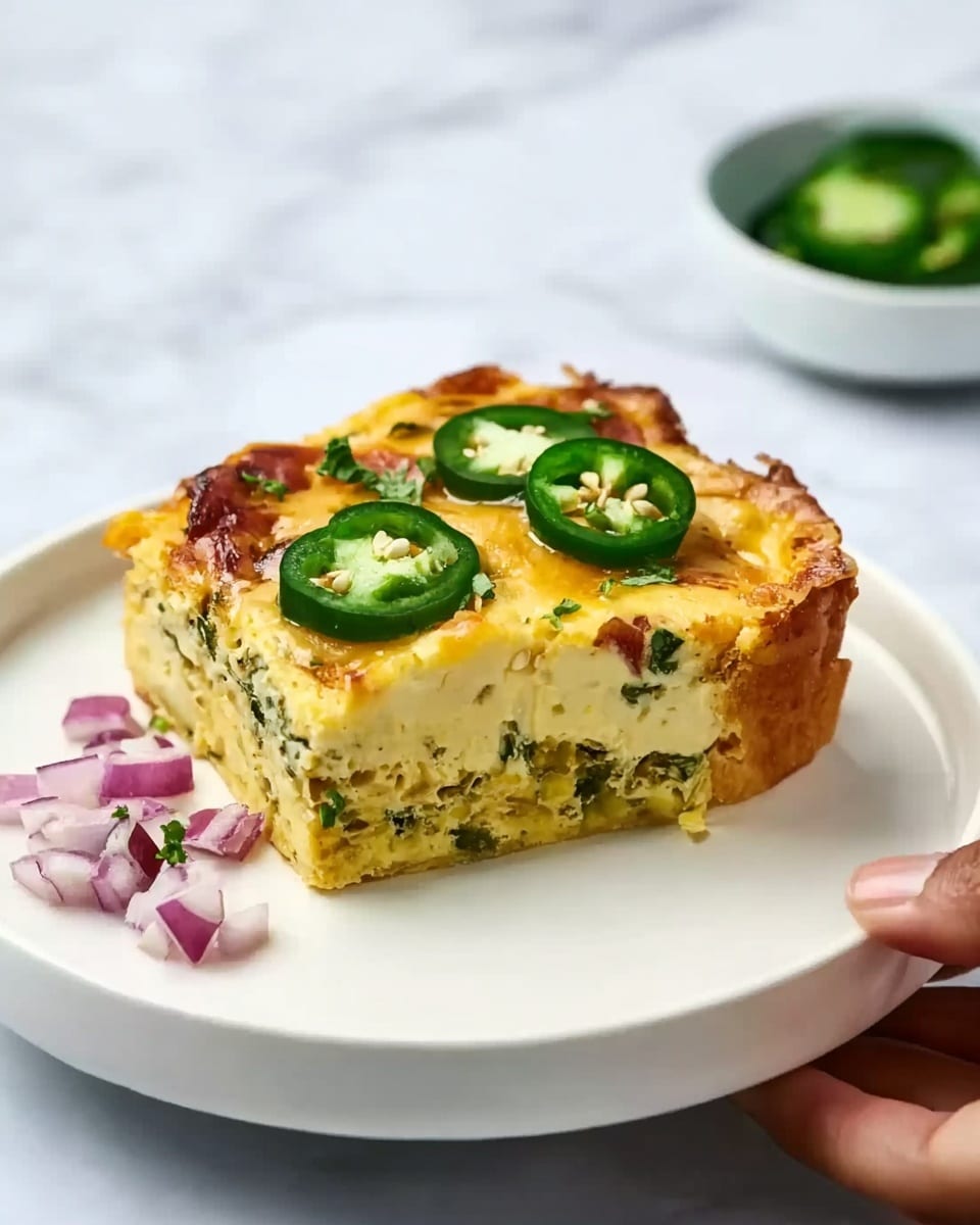 A white plate on a white marbled surface holds a thick slice of casserole with three visible layers: a golden brown bottom crust, a greenish-yellow middle layer filled with small green herbs and vegetables, and a slightly browned melted cheese top. The top is decorated with two bright green jalapeño slices and small pieces of red onion scattered around. A woman's hand is holding the plate from the back. Photo taken with an iphone --ar 4:5 --v 7