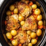 Slow Cooker Chicken Thighs with Garlic Herb Gravy and Roasted Vegetables Recipe