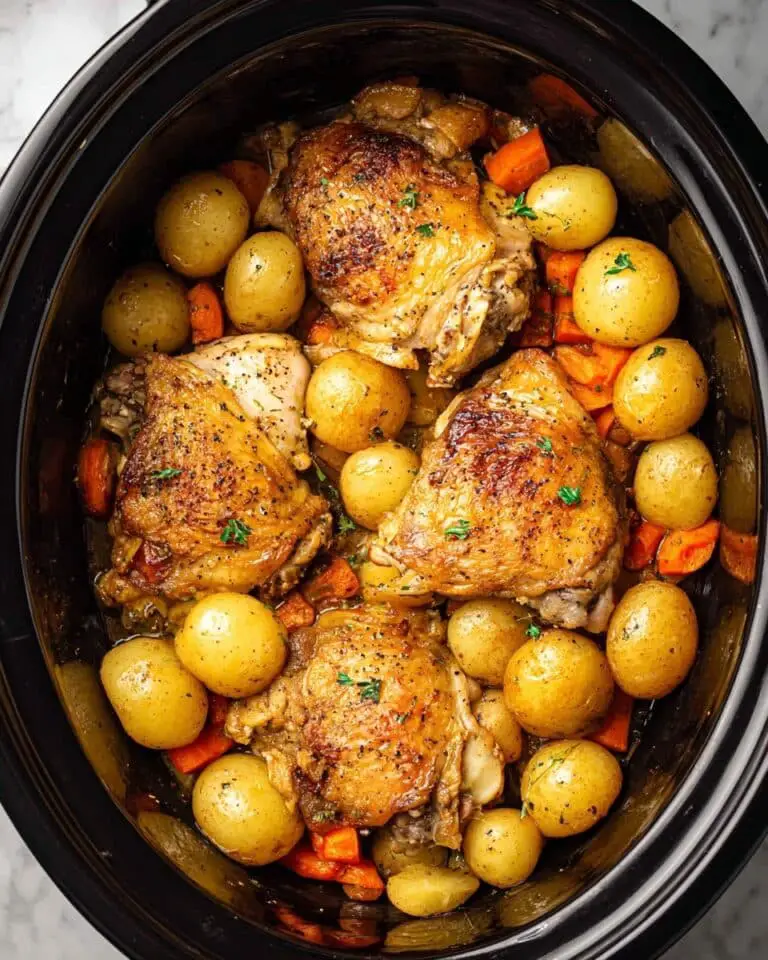 Slow Cooker Chicken Thighs with Garlic Herb Gravy and Roasted Vegetables Recipe