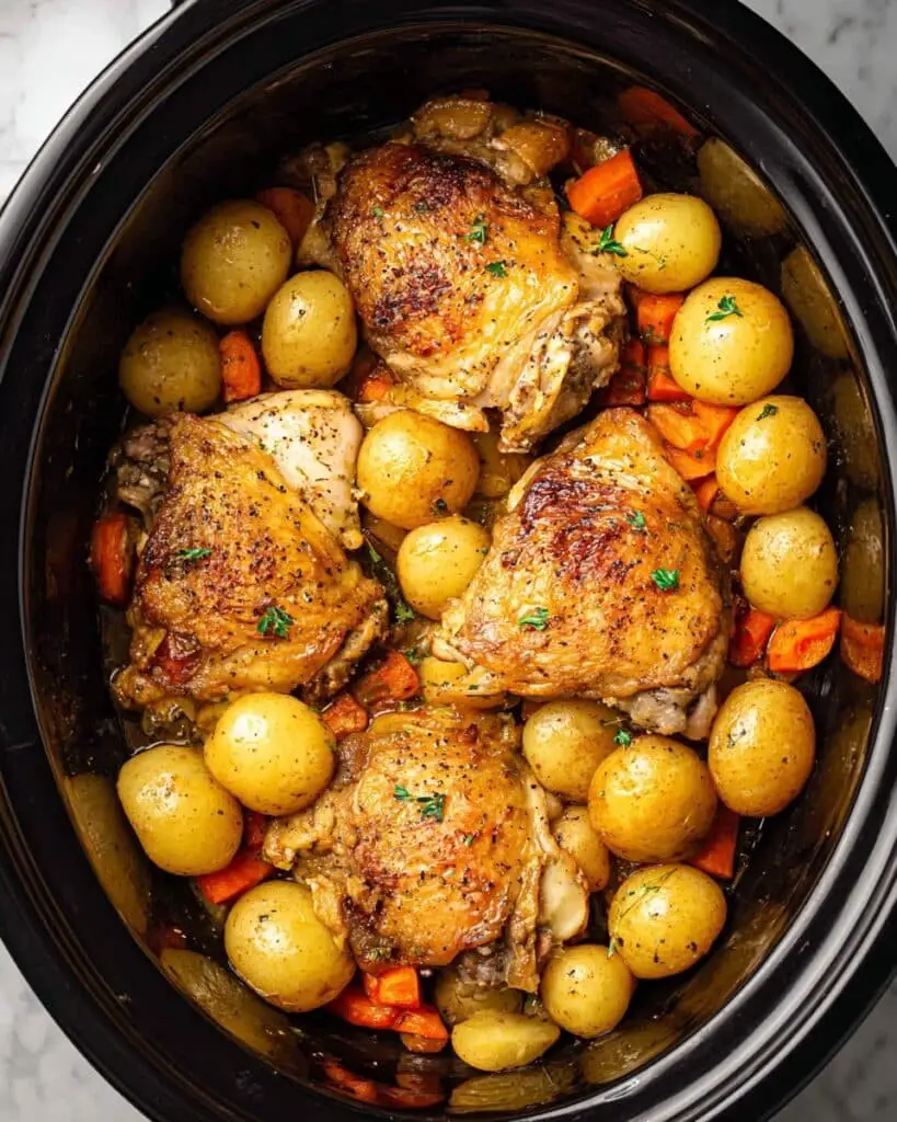 Slow Cooker Chicken Thighs with Garlic Herb Gravy and Roasted Vegetables Recipe