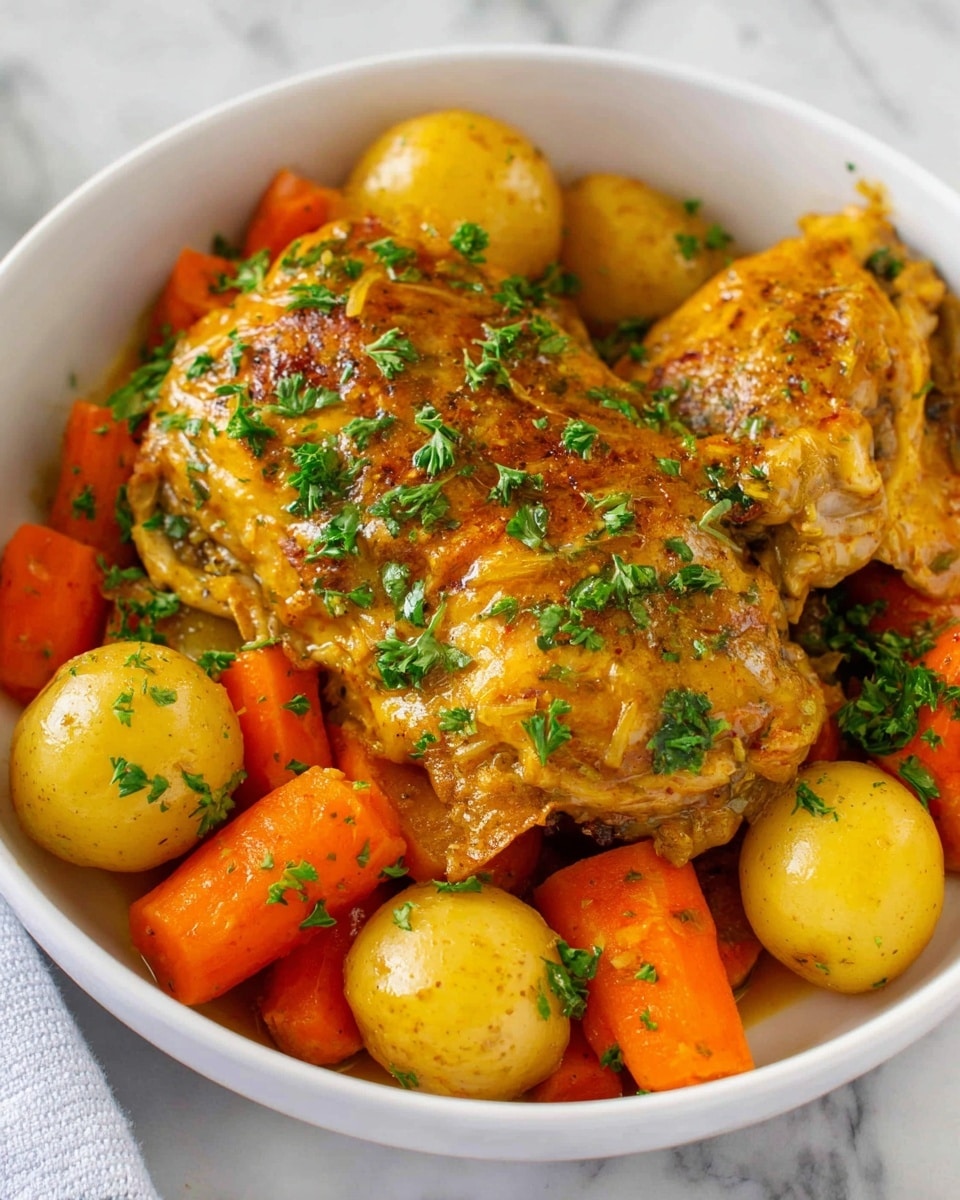 A white bowl filled with two large pieces of cooked chicken coated in a golden brown sauce, sitting on a layer of soft-looking chopped orange carrots and whole small yellow potatoes. The chicken pieces are tender with a slightly crispy texture on top. The bowl is garnished with fresh green chopped parsley scattered evenly over the chicken, potatoes, and carrots. The background is a white marbled surface. Photo taken with an iphone --ar 4:5 --v 7
