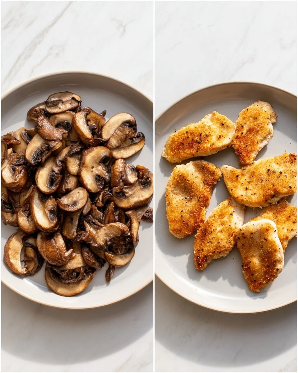 The image shows two white plates on a white marbled surface. The left plate holds a single layer of cooked, sliced brown mushrooms spread out evenly across the plate. The mushrooms have a soft texture with darker cooked edges and a glossy surface. The right plate carries five pieces of cooked golden-brown chicken pieces, each with a slightly crispy texture and light specks of seasoning visible on the surface, laid side by side filling the center of the plate. The lighting is bright and natural, highlighting the warm colors of the food, photo taken with an iphone --ar 4:5 --v 7