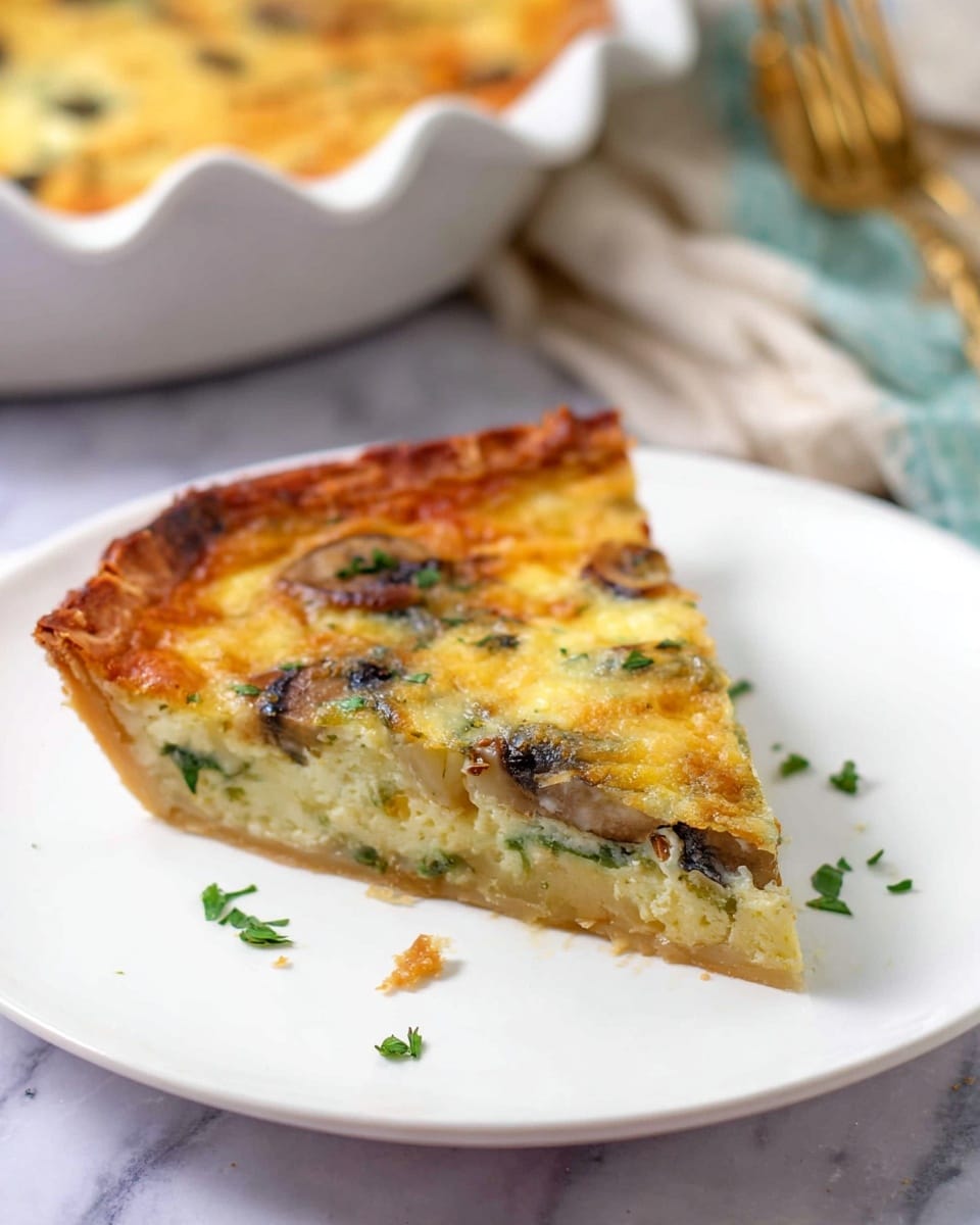 A single slice of quiche sits on a white plate with a white marbled background. The quiche has three visible layers: a light, thin crust at the base, followed by a creamy pale yellow egg mixture filled with pieces of mushroom and green vegetables, topped with a golden brown, slightly crispy layer of melted cheese. Small green herb bits are sprinkled on top and around the plate. In the background, part of the remaining quiche in a white ceramic pie dish with a wavy edge is slightly out of focus, along with a gold fork resting on a light-colored cloth. Photo taken with an iphone --ar 4:5 --v 7