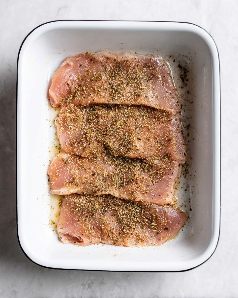 A white rectangular baking dish filled with four thin, light pink pieces of raw seasoned meat, spread out to cover most of the bottom. Each piece is sprinkled evenly with fine, dry brown and green herbs and spices, creating a textured surface that looks slightly moist. The dish sits on a white marbled surface, with the edges clearly visible and clean. photo taken with an iphone --ar 4:5 --v 7