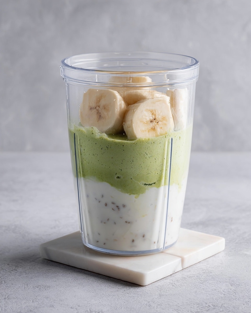 A clear blender cup stands on a small white marble square tile. Inside, there are three visible layers from bottom to top: the bottom layer is thick white yogurt with tiny seeds or grains; above it is a thin spreading of green leafy puree; on top, there are four large pieces of peeled banana showing soft yellow with light brown marks. The background is a white marbled texture. photo taken with an iphone --ar 4:5 --v 7