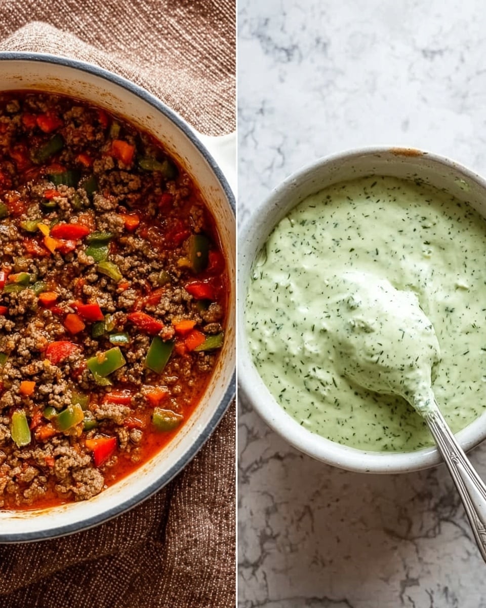 The image shows two side-by-side photos. On the left, there is a white pot filled with a cooked mixture of browned ground meat, chopped red and green bell peppers, and small bits of carrots, all in a rich red sauce. The pot is set on a brown textured cloth over a white marbled surface. On the right, a white bowl contains a thick, creamy green sauce with visible herbs mixed in. A silver fork is dipped in the sauce, lifting some of it above the bowl. The bowl sits on the same white marbled surface. photo taken with an iphone --ar 4:5 --v 7