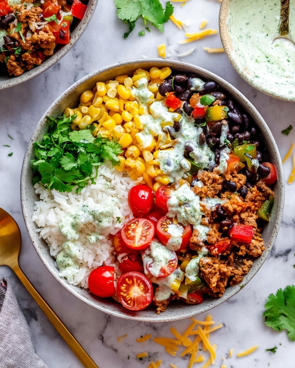 A bowl filled with layers starting at the bottom with white rice covering half the bowl. On one side, bright yellow corn kernels and on the other side black beans create colorful contrast. Ground meat mixed with small red and green pepper pieces and melted cheese forms a warm, textured layer on the opposite side of the bowl. Fresh green cilantro is placed on top near the rice, and bright red halved cherry tomatoes sit on top in the center. A creamy white sauce with green herbs is drizzled lightly over the top. The bowl is placed on a white marbled surface with a gold spoon and some scattered shredded cheese and cilantro around. photo taken with an iphone --ar 4:5 --v 7