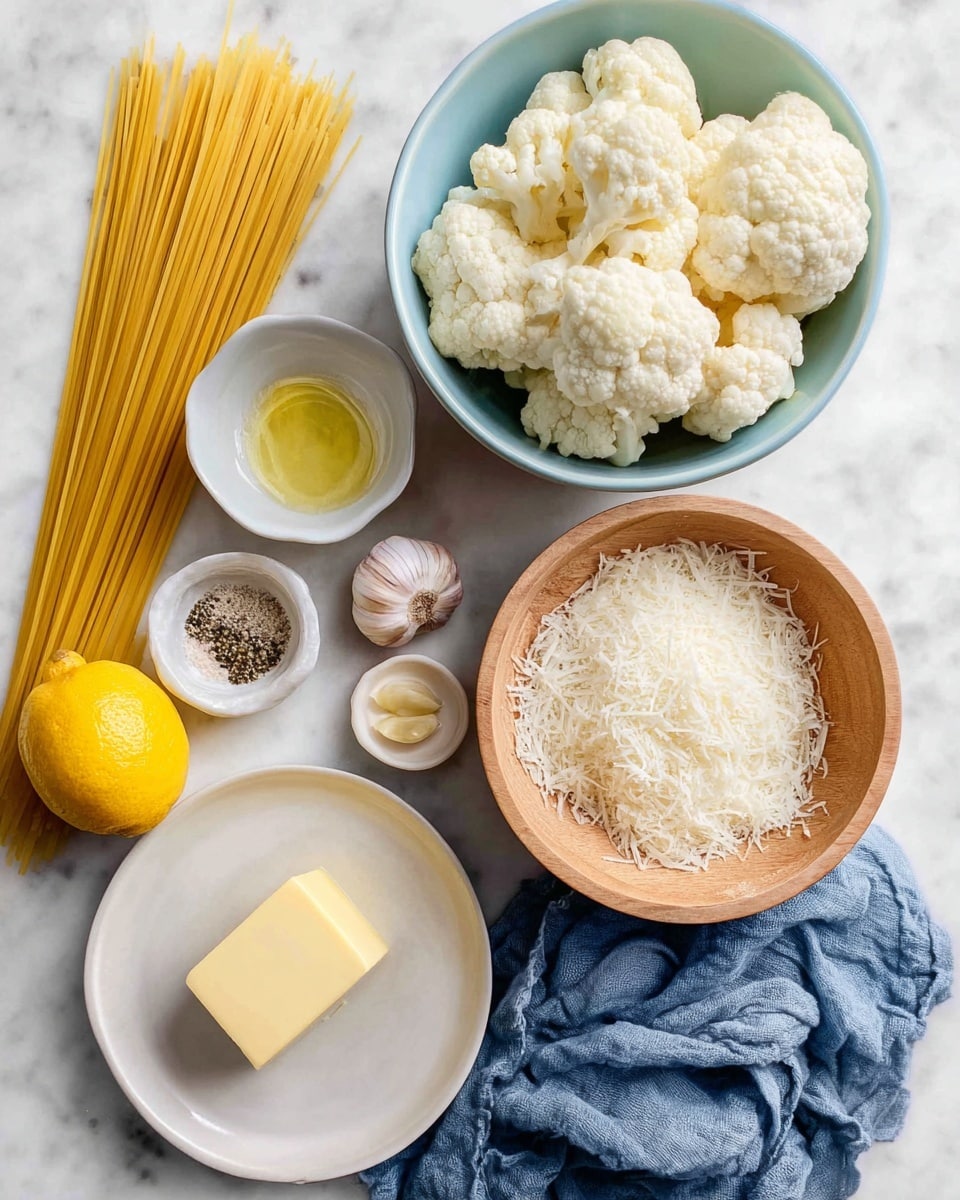 A light blue bowl sits in the top center filled with white cauliflower florets of different sizes showing soft and bumpy textures, next to it on the right is a round light wooden bowl holding a heap of finely grated white cheese. Below these bowls, a white plate has a small square of pale yellow butter. To the left of the butter, a whole bright yellow lemon rests beside a tiny white dish with black pepper and salt mix. Above the lemon and seasoning, there is a small white dish with a dollop of creamy mustard, and above mustard are two garlic cloves, one peeled half and one unpeeled. On the far left, long uncooked yellow spaghetti pasta is fanned out vertically. A glass jar filled with light golden olive oil is near the top left, and a crumpled blue cloth napkin lays at the bottom right on a white marbled surface photo taken with an iphone --ar 4:5 --v 7