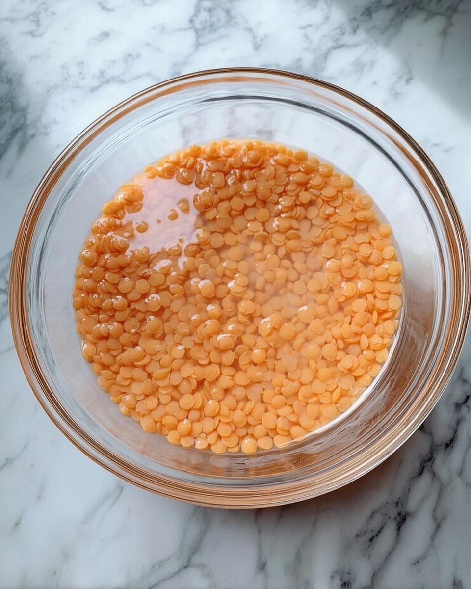 A clear glass bowl filled with orange lentils soaked in water, showing a single flat layer of lentils covered by a thin layer of clear water, placed on a white marbled surface. photo taken with an iphone --ar 4:5 --v 7