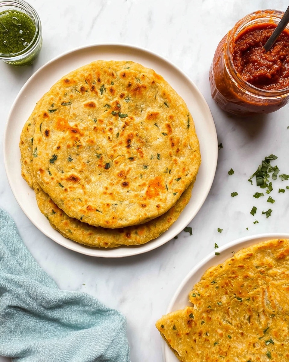 The image shows two flat, round, golden-brown Indian parathas stacked on a white plate, with visible green herbs and small orange spots mixed into the dough, giving a textured look. Nearby, another white plate holds two more parathas with similar texture and color. To the top right, there is an open glass jar filled with thick red chutney or sauce with a spoon inside. Small green herb pieces are scattered on the white marbled surface around the plates. A small glass container of green sauce is visible at the bottom left corner next to a folded light blue cloth. Photo taken with an iphone --ar 4:5 --v 7
