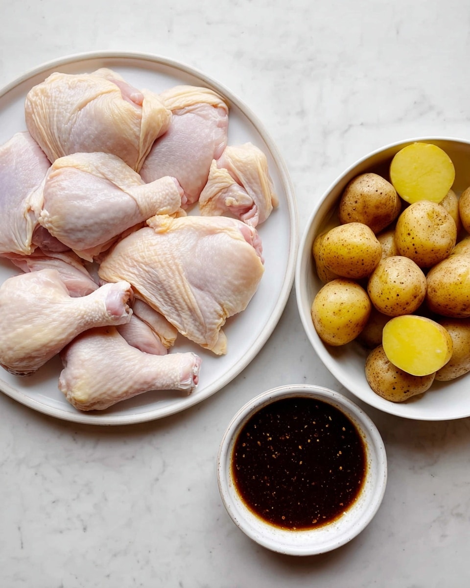 On a white plate, there are six pieces of raw chicken that are pale pink with some light yellow fat parts, arranged loosely to cover most of the plate. To the right, a white bowl is filled with small, halved yellow potatoes with brown skin visible on some pieces, creating a mix of smooth yellow and rough brown textures. Below the bowl, a smaller white dish holds dark brown sauce with a glossy surface and small specks, creating a contrast with the lighter items. All items are on a white marbled surface that adds a subtle pattern to the background. Photo taken with an iphone --ar 4:5 --v 7
