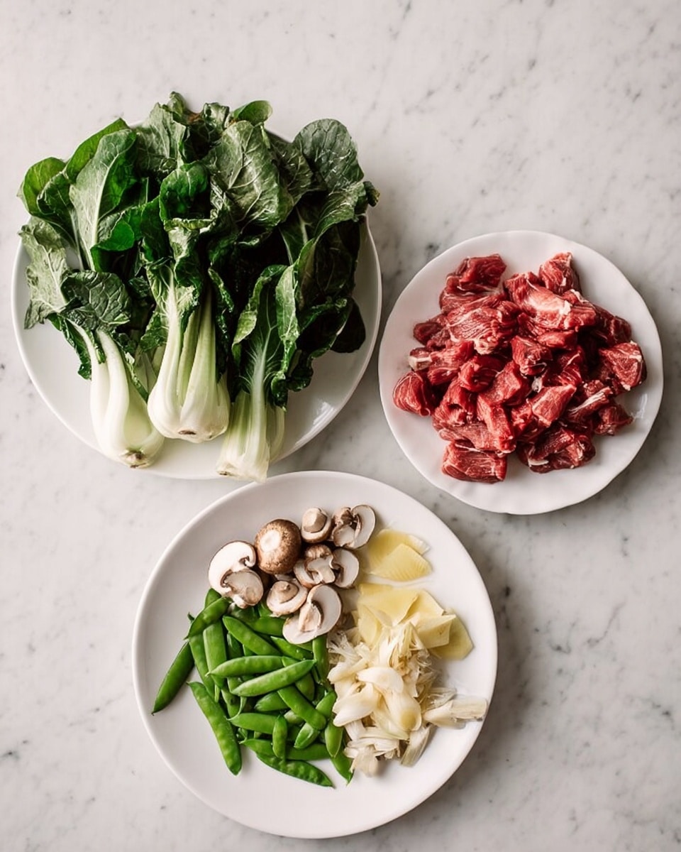 Three white plates on a white marbled surface hold fresh ingredients. The top left plate is piled with leafy greens that have thick white stems and dark green leaves. The plate on the right is filled with pieces of raw red meat, showing texture and marbling. The plate at the bottom left contains three separate piles: bright green sugar snap peas, light brown mushrooms with small round caps, and thin slices of pale yellow ginger. The overall colors are natural and vibrant, with fresh textures visible in each ingredient. photo taken with an iphone --ar 4:5 --v 7