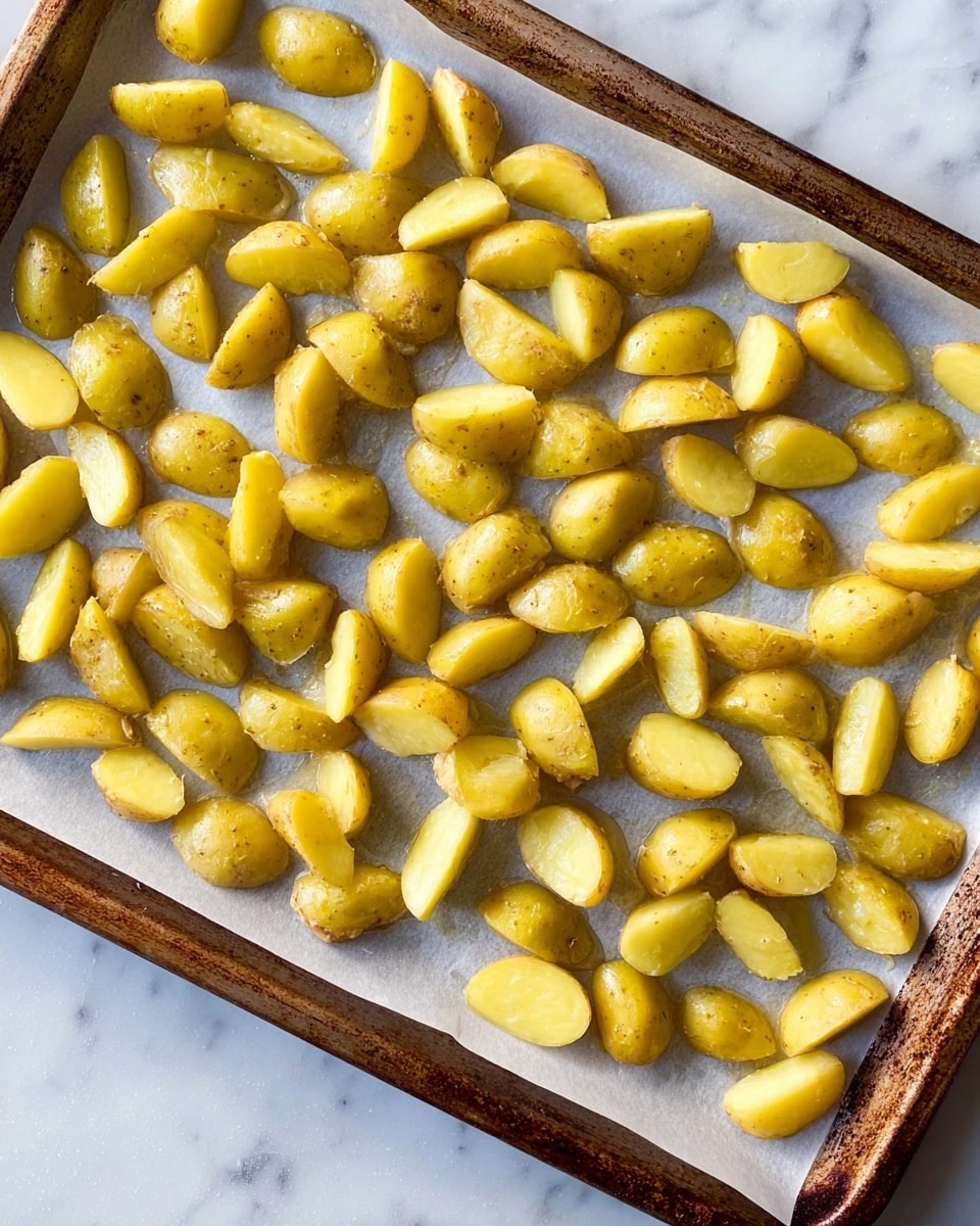 The image shows a baking tray covered with white parchment paper, filled with evenly spread small yellow potato pieces, each cut into halves or quarters. The potatoes have a smooth, slightly shiny texture indicating they are coated in oil or seasoning. The tray's edges are brown and slightly worn, framing the potatoes on the white marbled surface. The potatoes are arranged in loose rows, covering the tray from edge to edge, showcasing their uniform size and color. Photo taken with an iphone --ar 4:5 --v 7