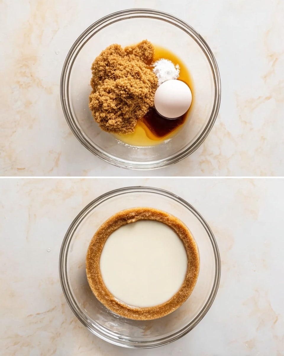 The image shows two clear glass bowls on a white marbled surface. The first bowl holds unblended ingredients: a large mound of brown sugar on the left, a raw egg on the right, a dark thick syrup near the bottom, and a small pile of white powder in the center. The second bowl shows the same ingredients after mixing; it forms a smooth ring of light brown batter around the edges, with a pool of white liquid in the center, all contained within the clear bowl. photo taken with an iphone --ar 4:5 --v 7
