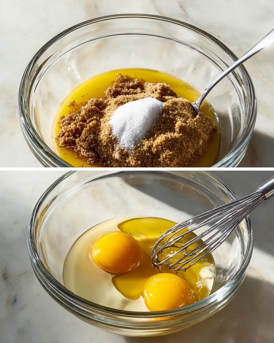 A clear glass bowl sits on a white marbled surface, containing melted butter forming the base layer, topped with a pile of brown sugar and a small heap of white granulated sugar all together in the center. In the next image, the same glass bowl now has two whole raw yellow egg yolks added to the mixture, with a silver whisk inserted on the right side, ready to beat the ingredients together. Light shines on the bowl, highlighting the shiny texture of the melted butter and the smooth surface of the egg yolks, photo taken with an iphone --ar 4:5 --v 7
