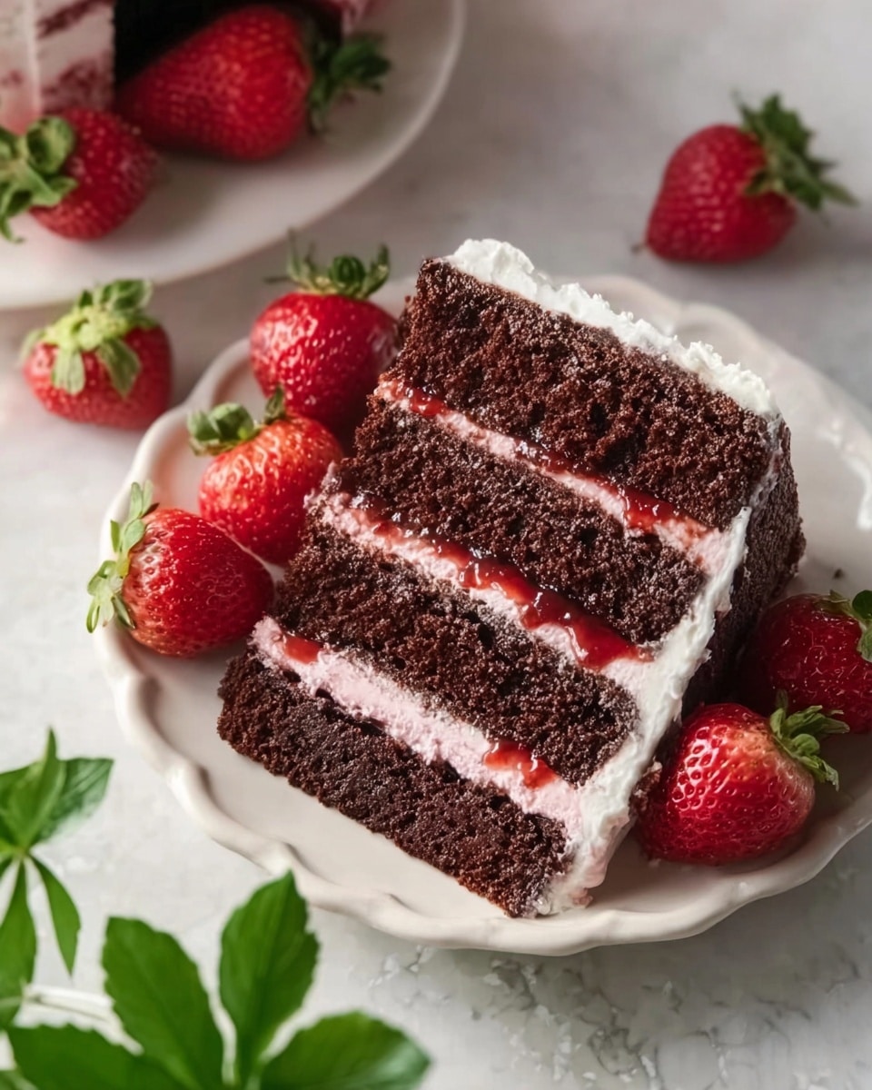 A slice of chocolate layer cake with four thick, dark brown layers separated by three bright red strawberry jam layers and light pink whipped cream. The cake slice sits on a small white scalloped plate surrounded by fresh red strawberries, all placed on a white marbled surface. There is a fresh green-leafed plant in the bottom left corner of the image. The overall look is fresh and inviting, with the rich dark cake contrasting with the bright red jam and soft pink cream. Photo taken with an iphone --ar 4:5 --v 7