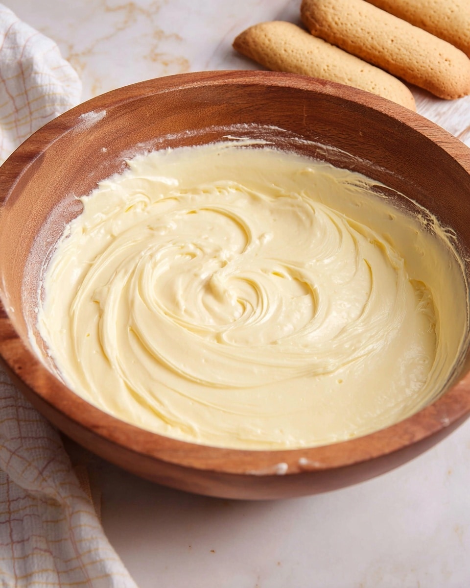 A large wooden bowl filled with a dense, creamy pale yellow mixture that has soft, smooth swirls all over its surface. Behind the bowl, there are three light brown ladyfinger biscuits resting on a white cloth with a faint check pattern. The setting is on a white marbled surface. photo taken with an iphone --ar 4:5 --v 7