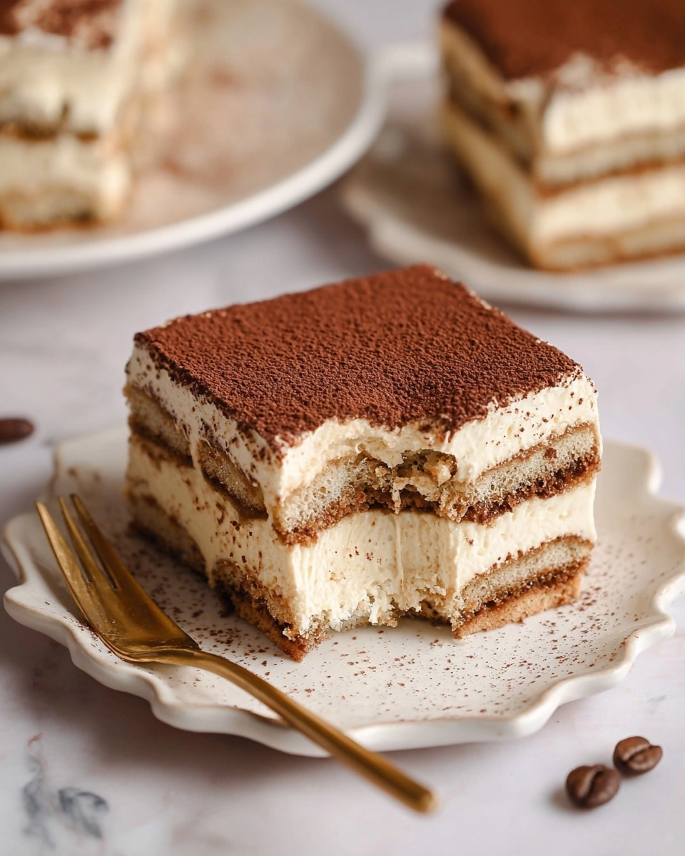 A slice of tiramisu sits on a white plate with wavy edges, showing four clear layers: a thick top dusting of dark brown cocoa powder, a creamy light beige layer below it, a middle layer of soft, soaked ladyfinger biscuits in a coffee color, followed by another creamy beige layer and soaked biscuit layer at the bottom. The texture looks smooth and soft, with a small bite taken from the front right side revealing the creamy inside. A gold fork lies on the left side of the plate, which sits on a white marbled surface with a couple of scattered coffee beans. Another piece of tiramisu is blurred in the soft background. Photo taken with an iphone --ar 4:5 --v 7