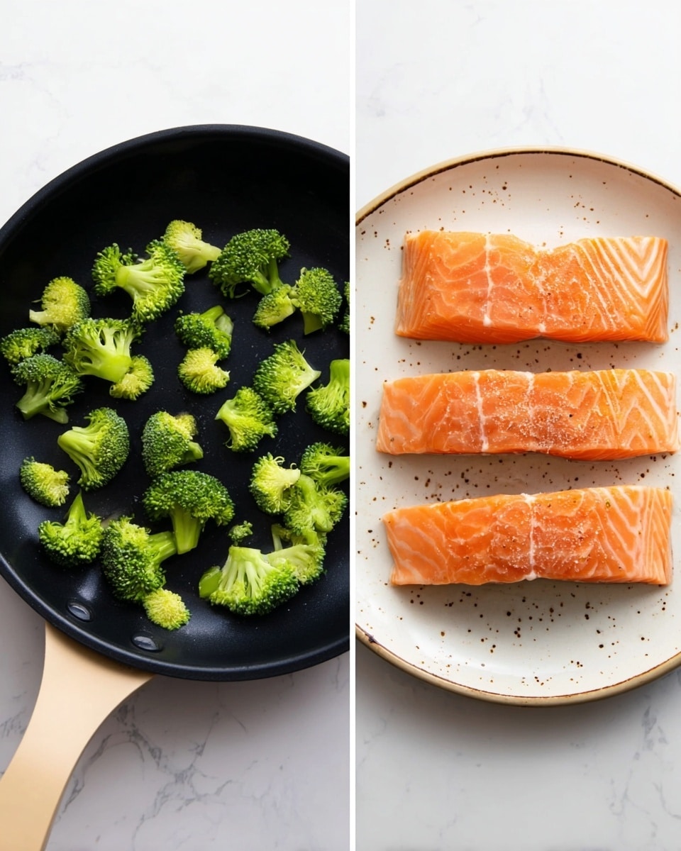 The image shows two parts: on the left, there is a black pan with a beige handle placed on a white marbled surface, inside the pan are small bright green broccoli pieces spread out evenly. On the right, there is a white plate with brown speckles on the same white marbled surface holding four raw salmon fillets arranged side by side in a row, each fillet is orange with light marbling and light seasoning sprinkled on top. The overall look is clean and fresh. photo taken with an iphone --ar 4:5 --v 7