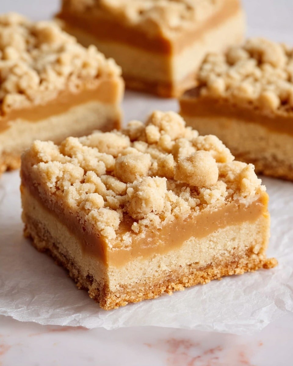 The image shows square dessert bars with three clear layers. The bottom layer is light tan, firm, and crumbly like a cookie crust. The middle layer is smooth, light brown, and creamy. The top layer consists of uneven, chunky crumbs that are golden beige and look soft but slightly crunchy. The bars sit on a white marbled surface with a sheet of crinkled white parchment paper underneath them. Photo taken with an iphone --ar 4:5 --v 7