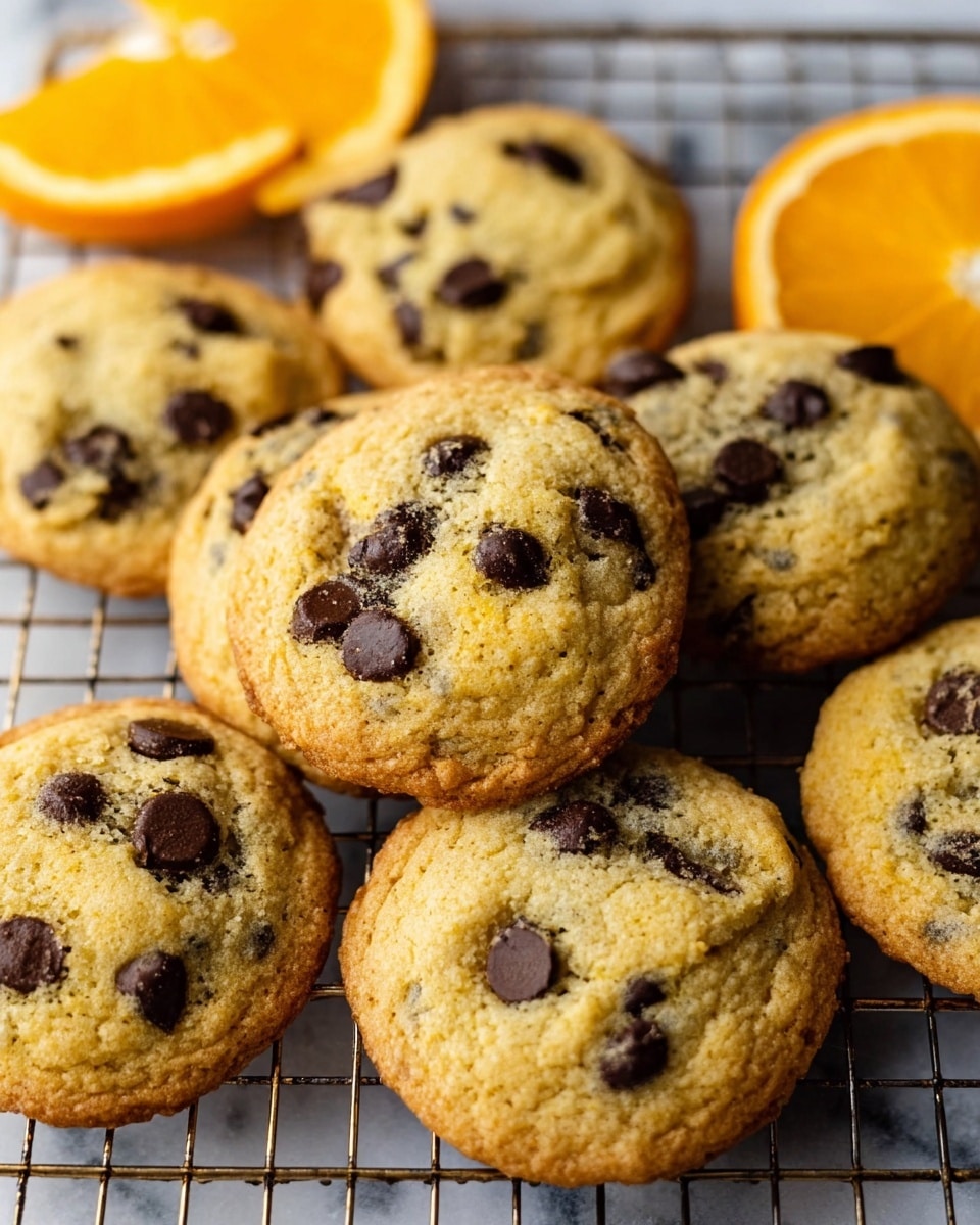 The image shows seven golden brown cookies with dark chocolate chips scattered on top, placed closely together on a wire cooling rack. The cookies have a slightly soft texture with melted chocolate chips visible on the uneven surface. In the background, there is a bright orange slice, adding a pop of color to the scene. The entire setting rests on a white marbled texture. photo taken with an iphone --ar 4:5 --v 7