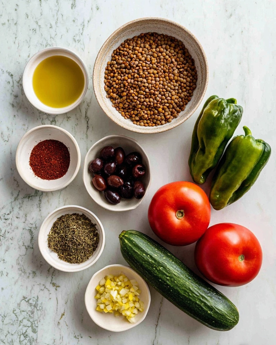 The image shows an arrangement of fresh ingredients on a white marbled surface. In the center is a bowl filled with small brown lentils, surrounded by various white bowls and fresh vegetables. To the left are three small white bowls containing golden olive oil, dark red powder, and a greenish spice blend. Below them is a bowl with small chopped yellow pieces and another bowl with shiny dark olives. To the right, two green peppers, two large red tomatoes, and a long dark green cucumber are placed neatly. The colors are natural and vibrant, with textures ranging from smooth and shiny to rough and earthy. photo taken with an iphone --ar 4:5 --v 7