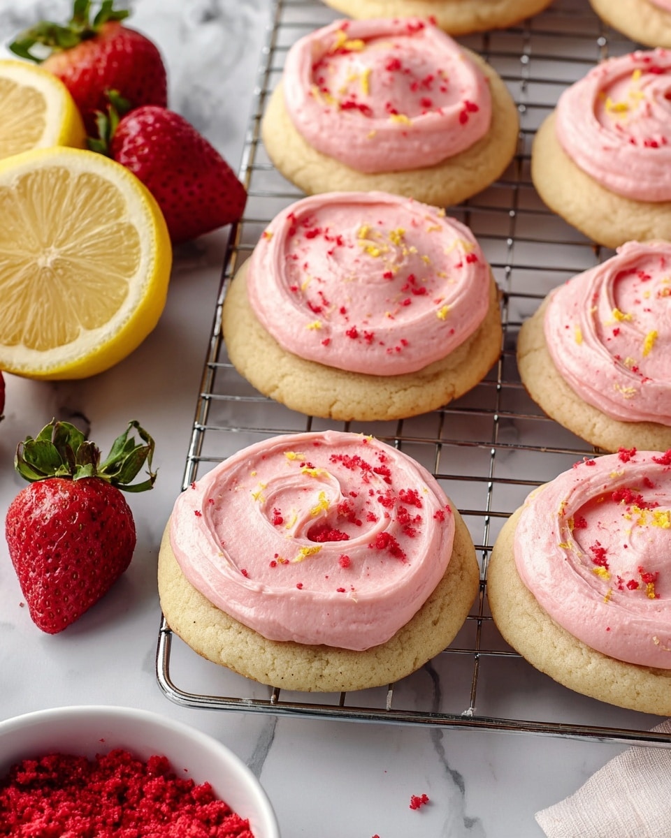 The image shows six round cookies with a light tan base, each topped with one thick layer of pink frosting swirled smoothly on top. The frosting is decorated with small red crumbles and tiny bits of yellow zest. The cookies sit on a metal cooling rack placed on a white marbled surface. Around the cookies, there are whole strawberries with green leaves and a half lemon showing its yellow inside. A white bowl filled with more red crumbles is partly visible at the bottom left corner. photo taken with an iphone --ar 4:5 --v 7