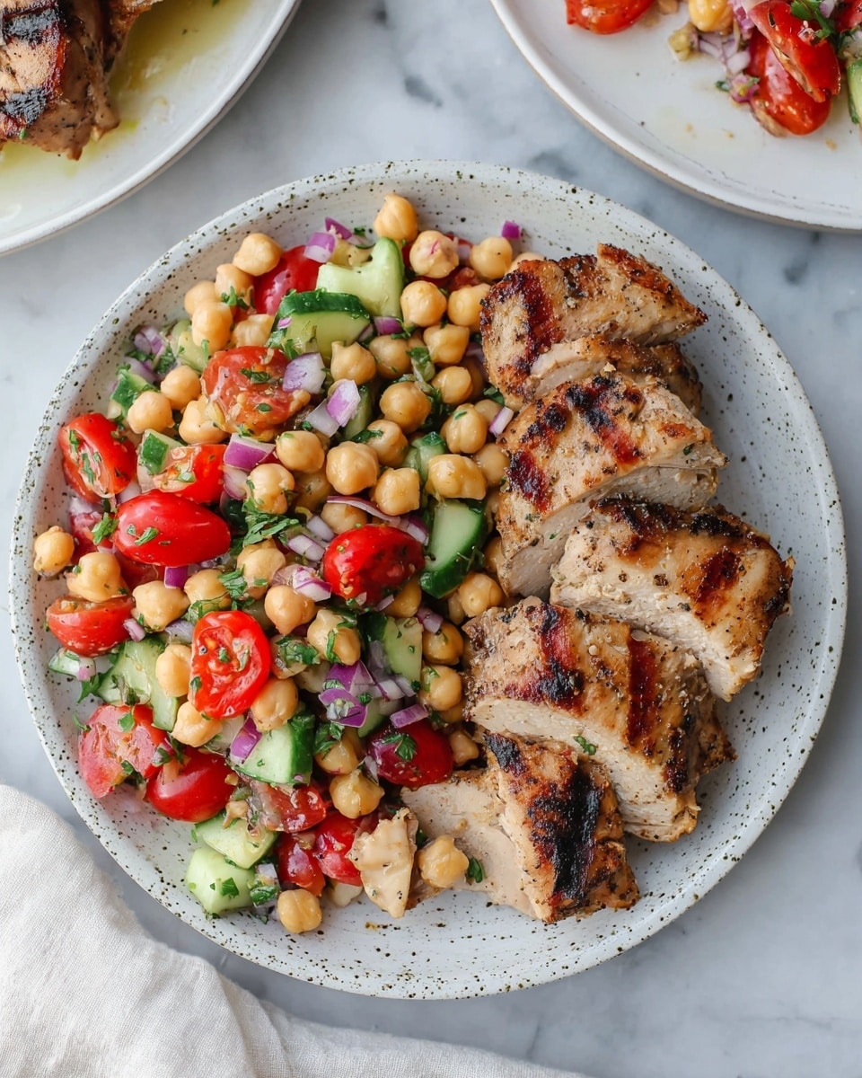 A white speckled plate holds a meal with two main layers: on the right side, there are five pieces of grilled chicken with light brown color and visible dark grill marks, arranged closely together; on the left side, there is a fresh salad made of round beige chickpeas, chopped bright red cherry tomatoes, light green cucumber slices, and bits of purple onion, mixed evenly with small green herb pieces. The plate sits on a white marbled surface with a soft white cloth near the bottom left corner. Parts of two white plates with similar food are slightly visible at the top edges. photo taken with an iphone --ar 4:5 --v 7