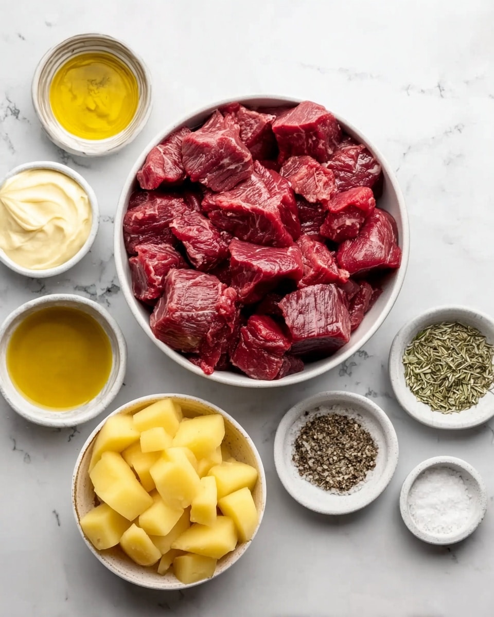 The image shows a white bowl in the center filled with dark red raw meat pieces, each piece looking fresh and rich in color. Below the bowl, there is a white bowl with chopped yellow potatoes, their smooth skin visible. Surrounding these bowls are small white bowls containing different ingredients: one with creamy pale yellow mayonnaise, one with golden yellow olive oil, one with chopped garlic, one with mixed dry herbs in light green and beige tones, and another containing salt and black pepper. All items rest on a white marbled surface, adding a clean and bright background to the scene. photo taken with an iphone --ar 4:5 --v 7