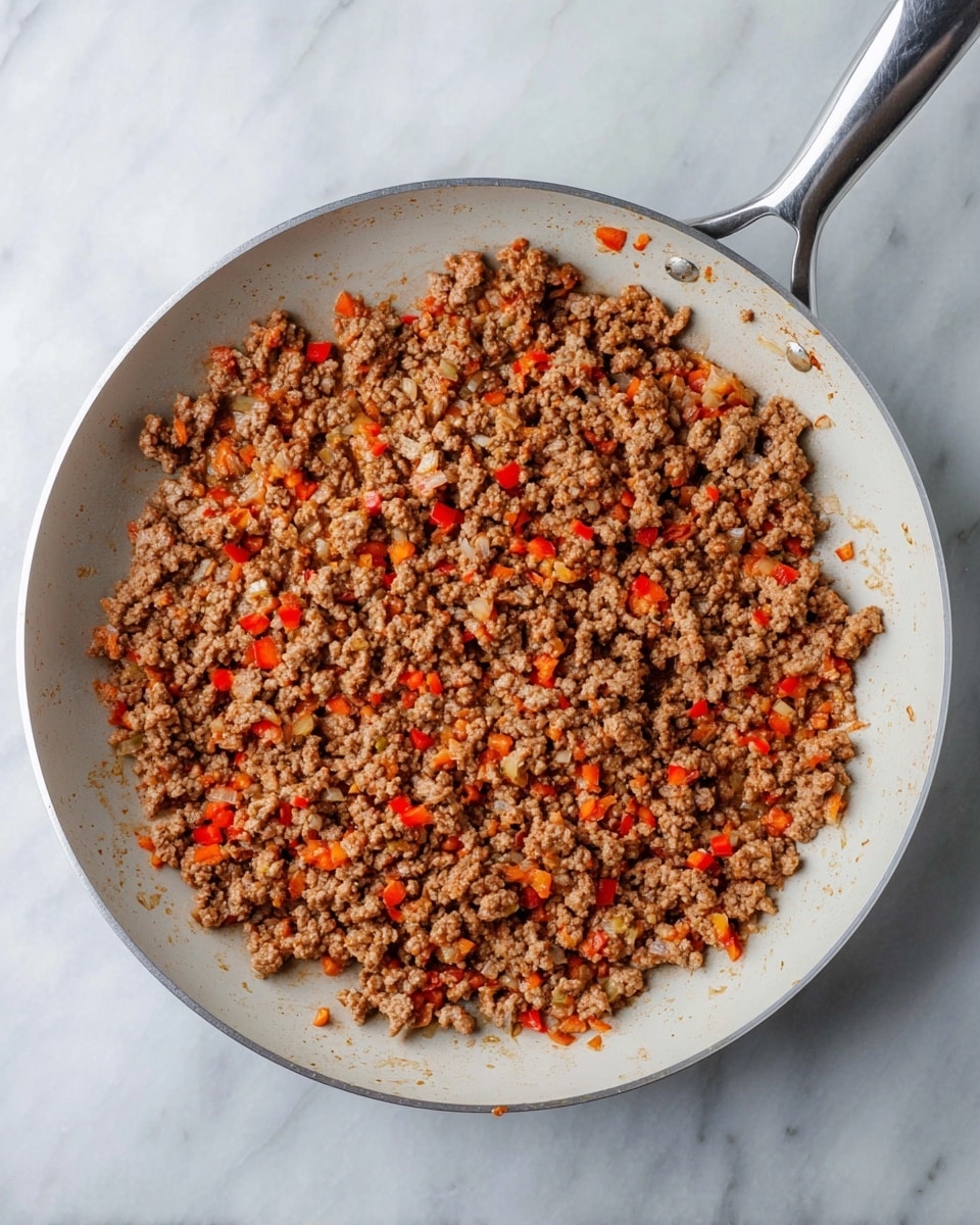 A white frying pan filled with one layer of cooked ground meat mixed with small pieces of red bell pepper and bits of onion, all evenly spread out with a slightly crumbly texture. The frying pan has a shiny metal handle and is placed on a white marbled surface. The colors in the dish show mostly light brown from the meat with specks of bright red and pale white from the vegetables. photo taken with an iphone --ar 4:5 --v 7